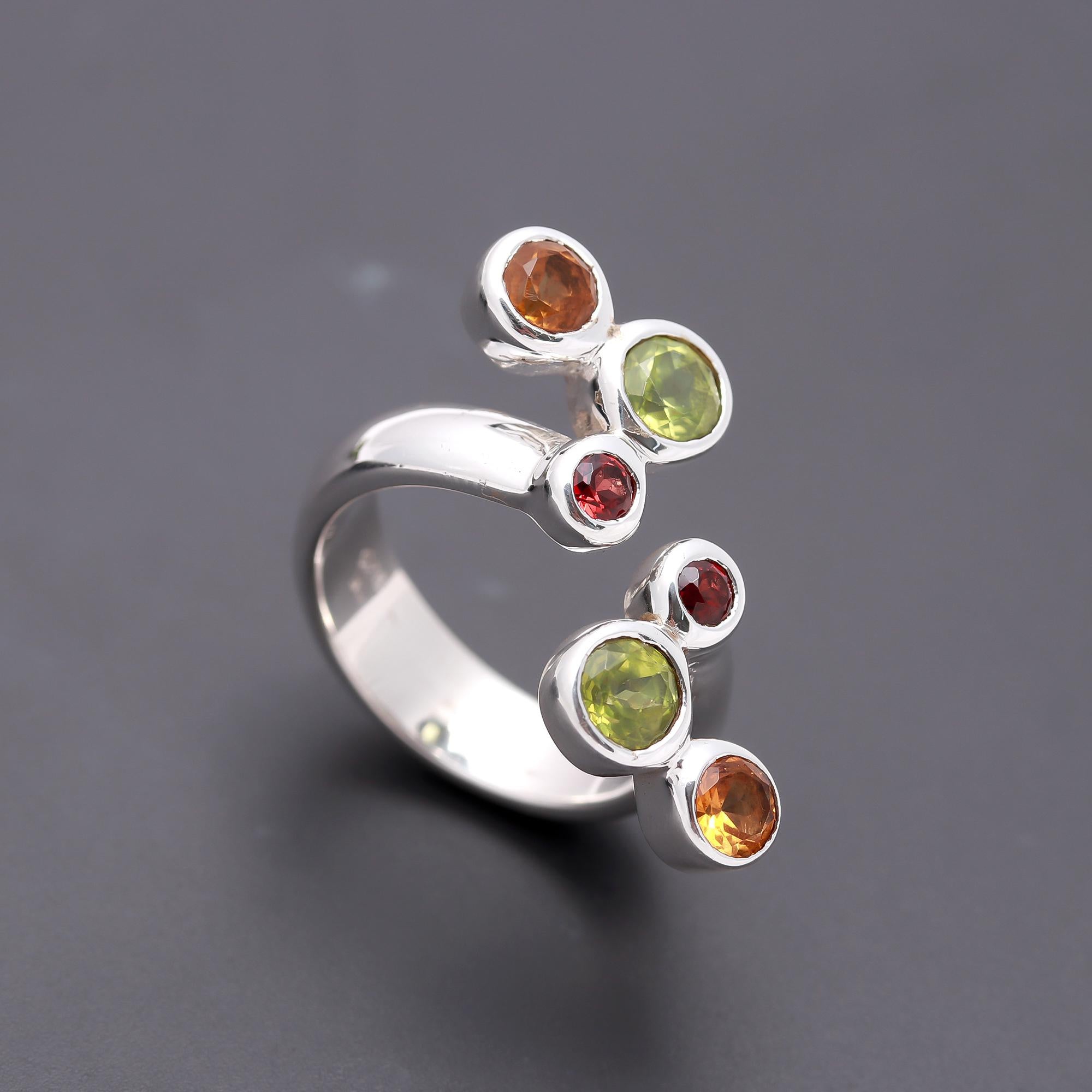 925 Silver Adjustable Peridot, Garnet & Citrine Ring