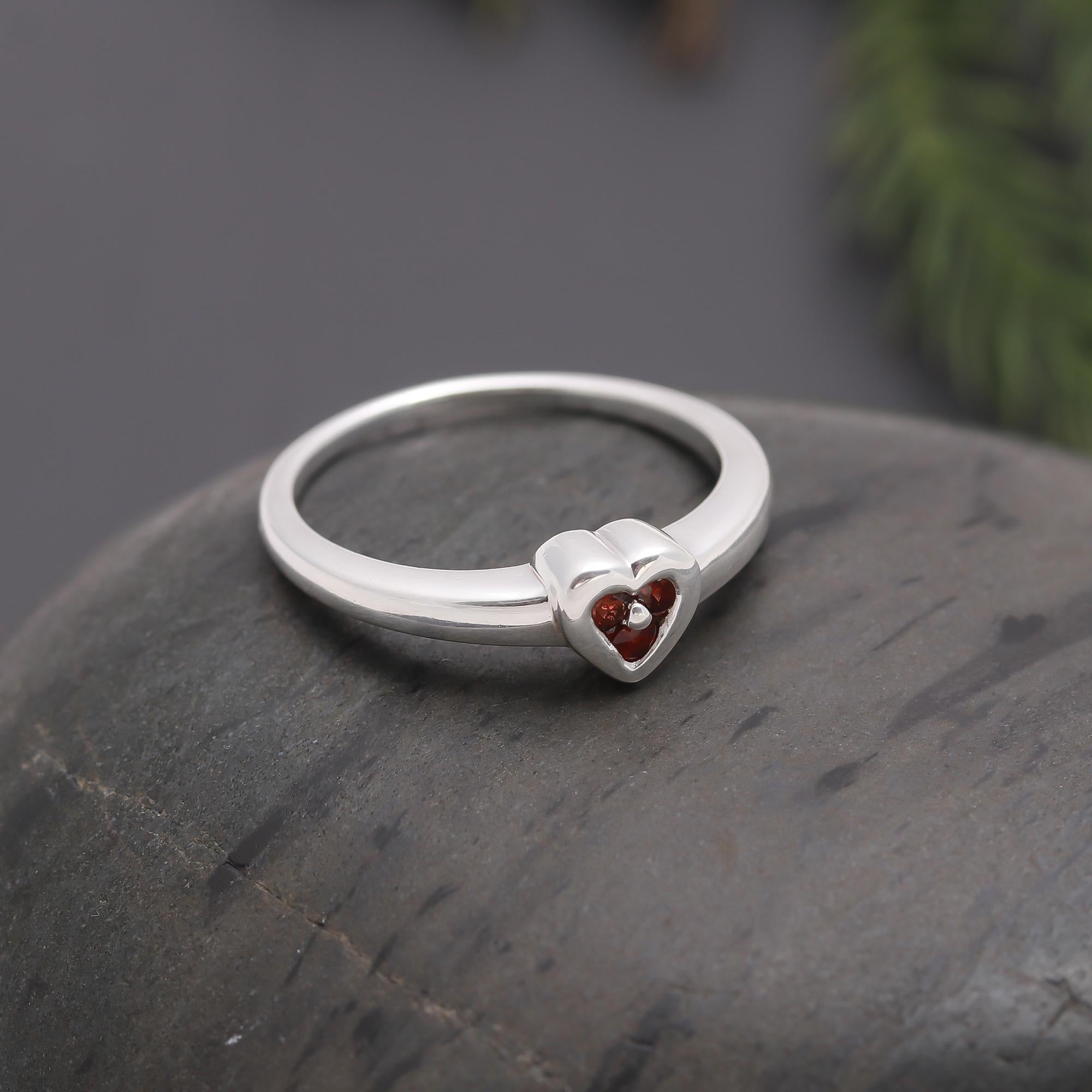 925 Silver Tiny Garnet Heart Ring