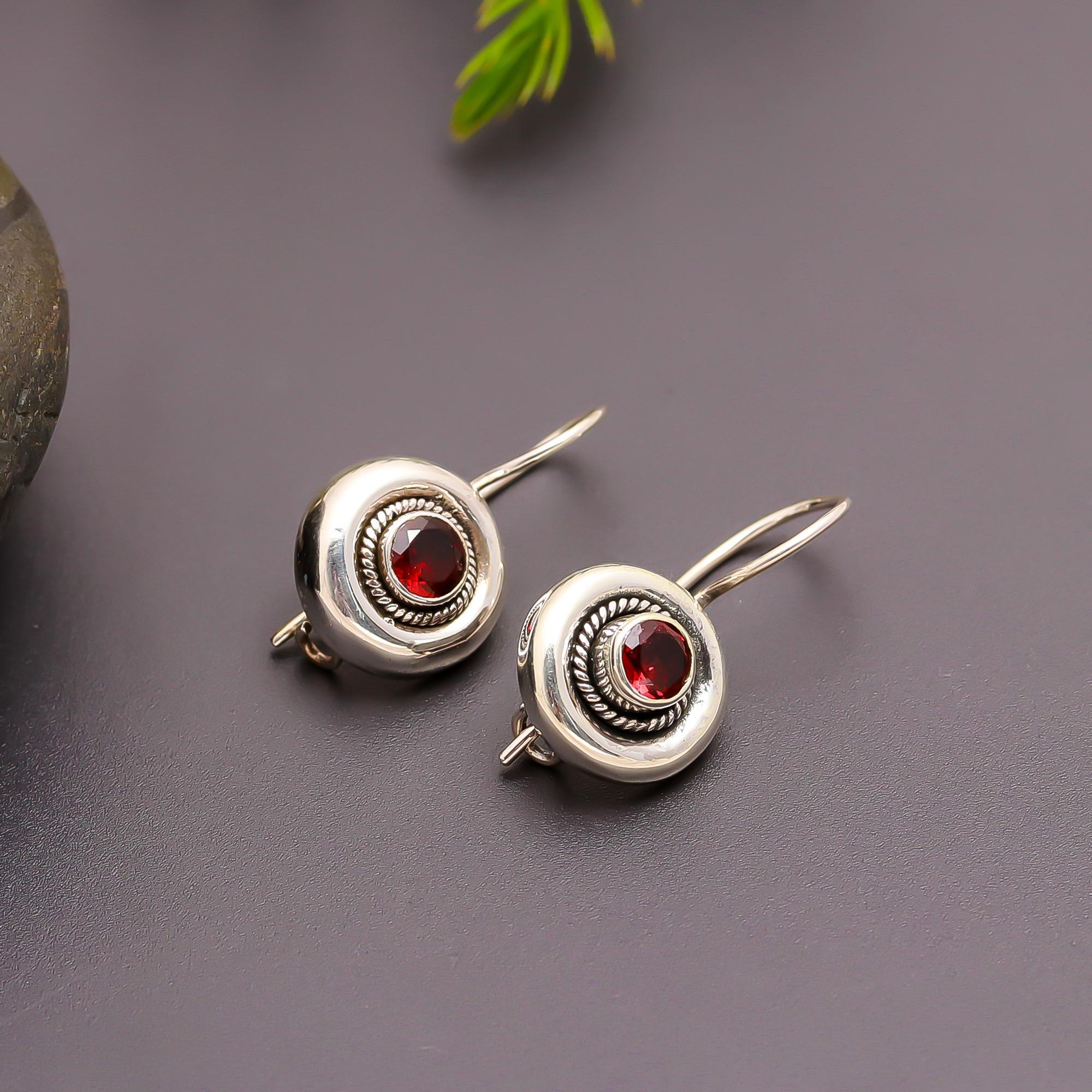 925 Silver Round Garnet Drop Earrings