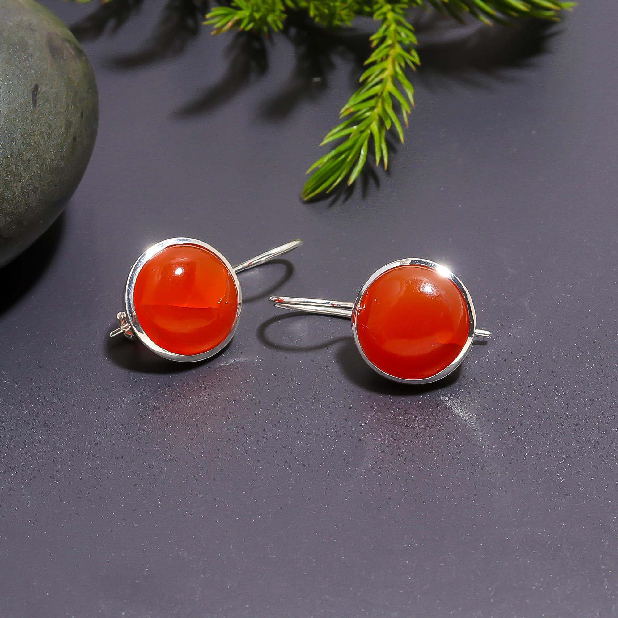 925 Silver Round Carnelian Drop Earrings