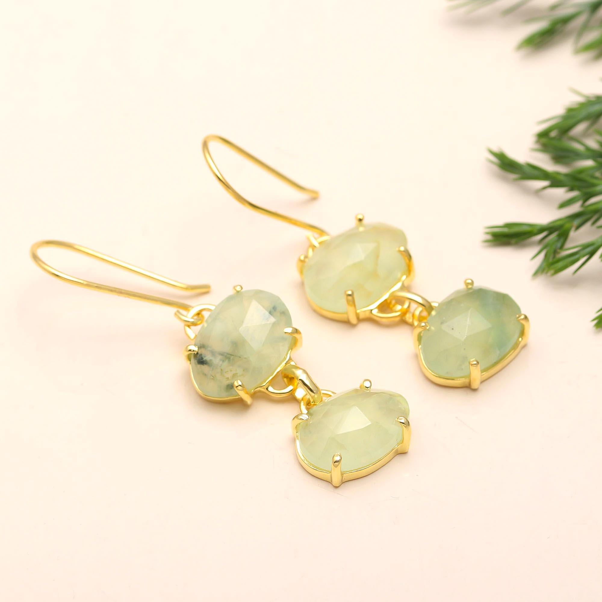 925 Silver Prehnite Dangle Earrings