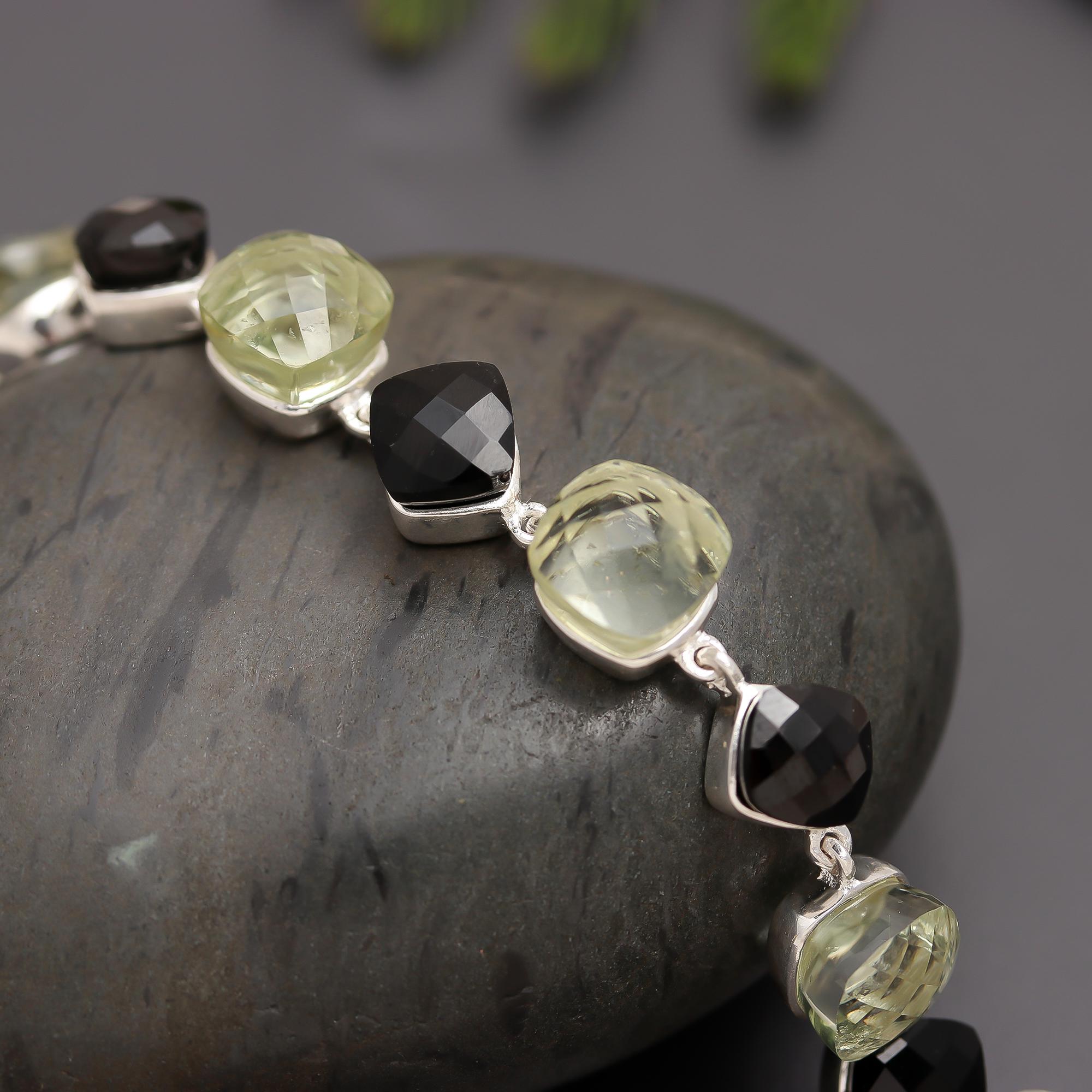 925 Silver Quartz & Onyx Link Bracelet