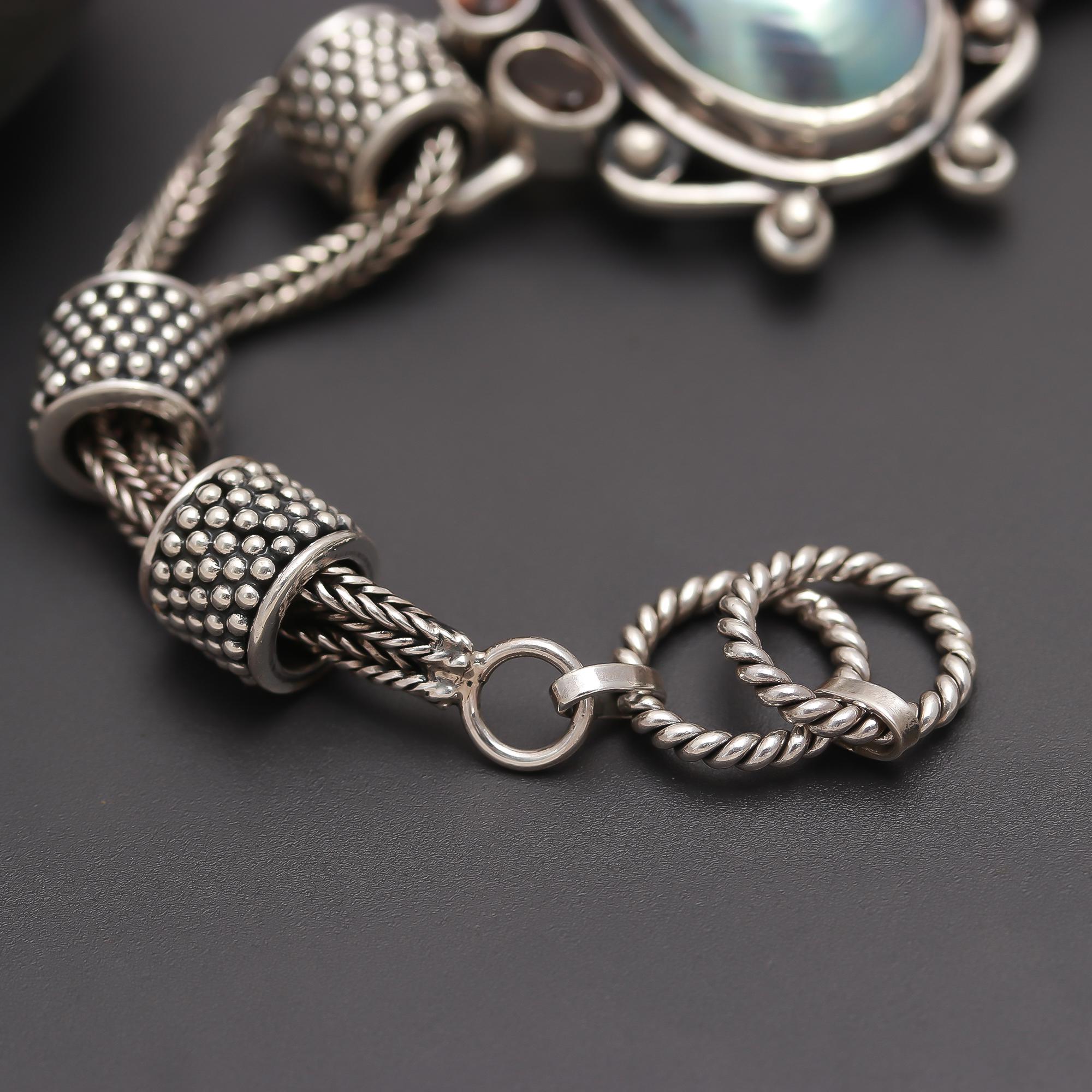 925 Silver Mother of Pearl, Garnet & Smoky Quartz Statement Bracelet