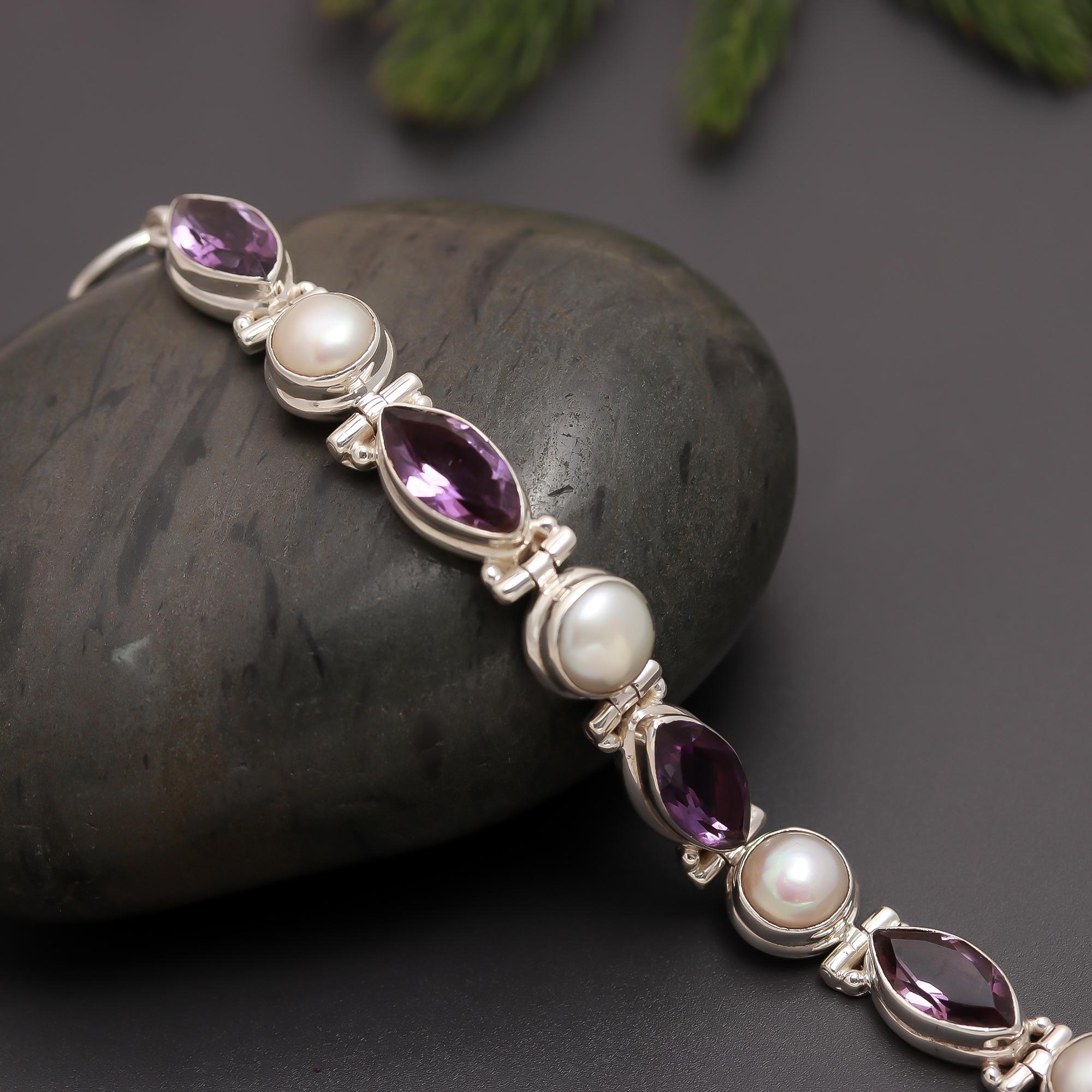 925 Silver Pearl & Amethyst Link Bracelet