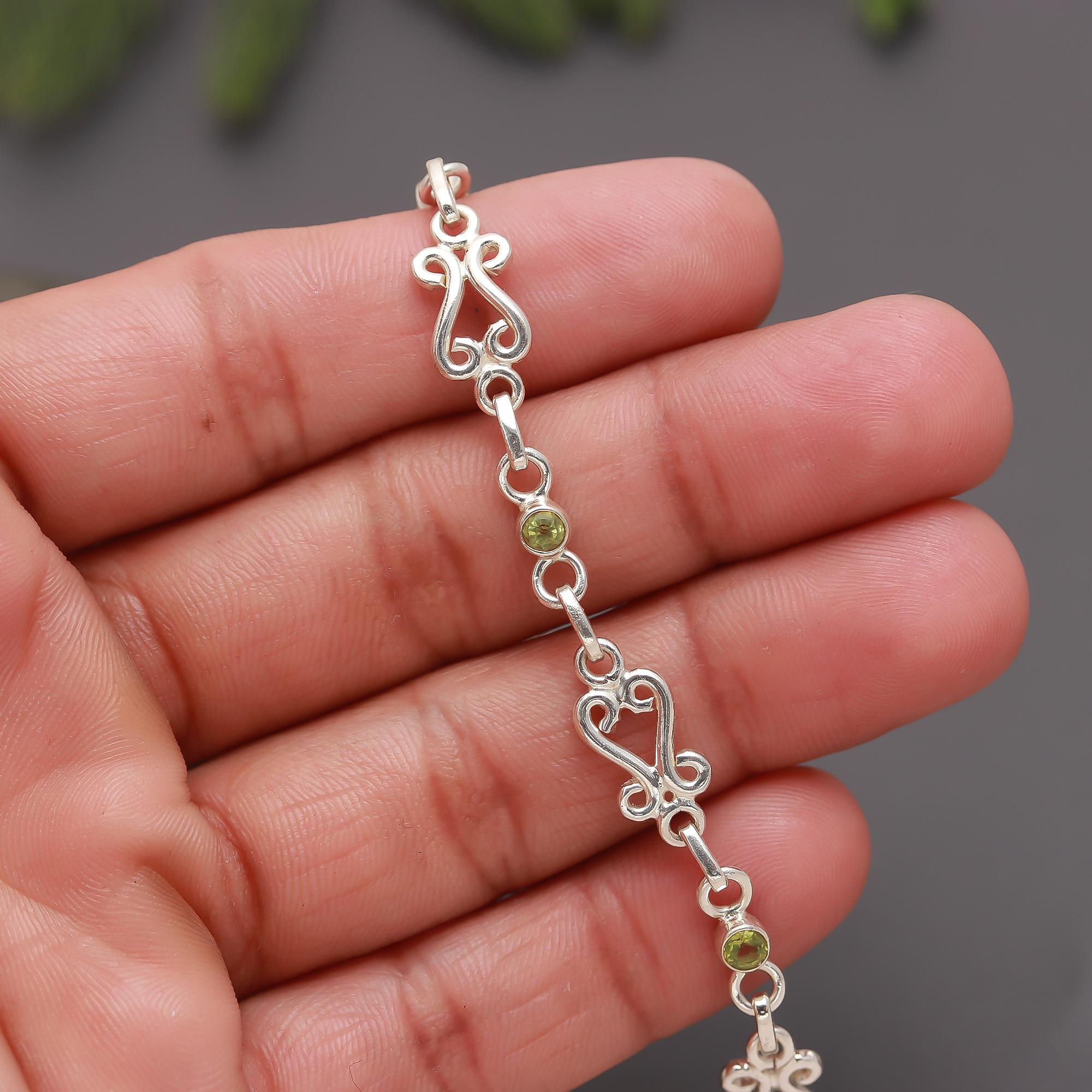 925 Silver Round Peridot Scroll Link Bracelet