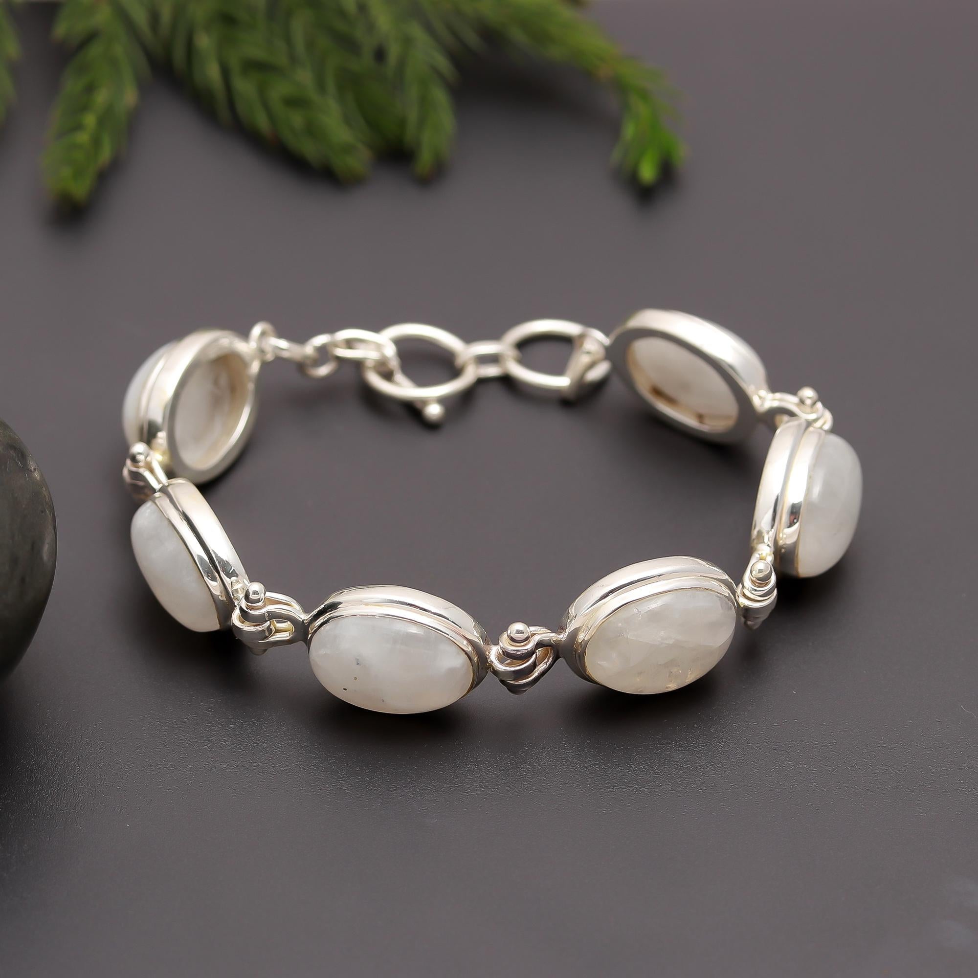 925 Silver Oval Moonstone Link Bracelet