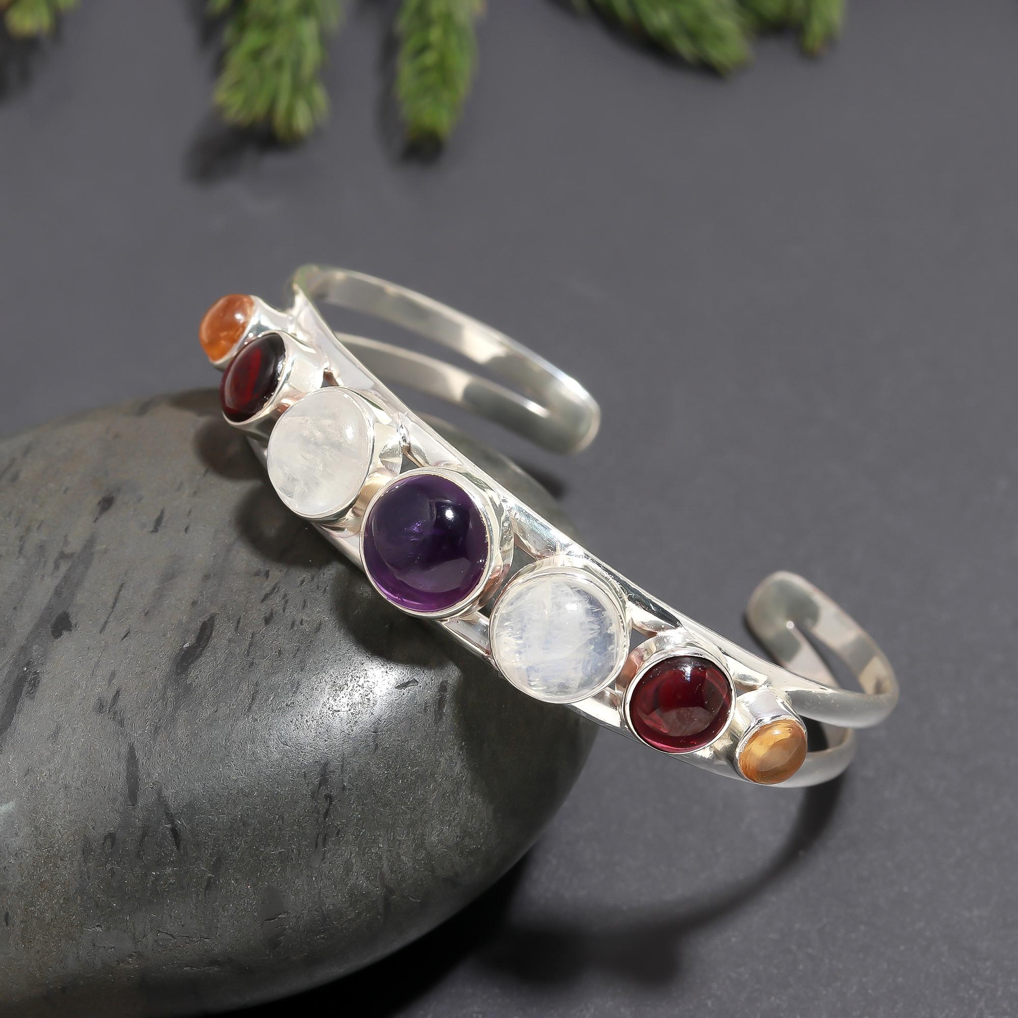 925 Silver Multi-Gemstone Cuff Bracelet