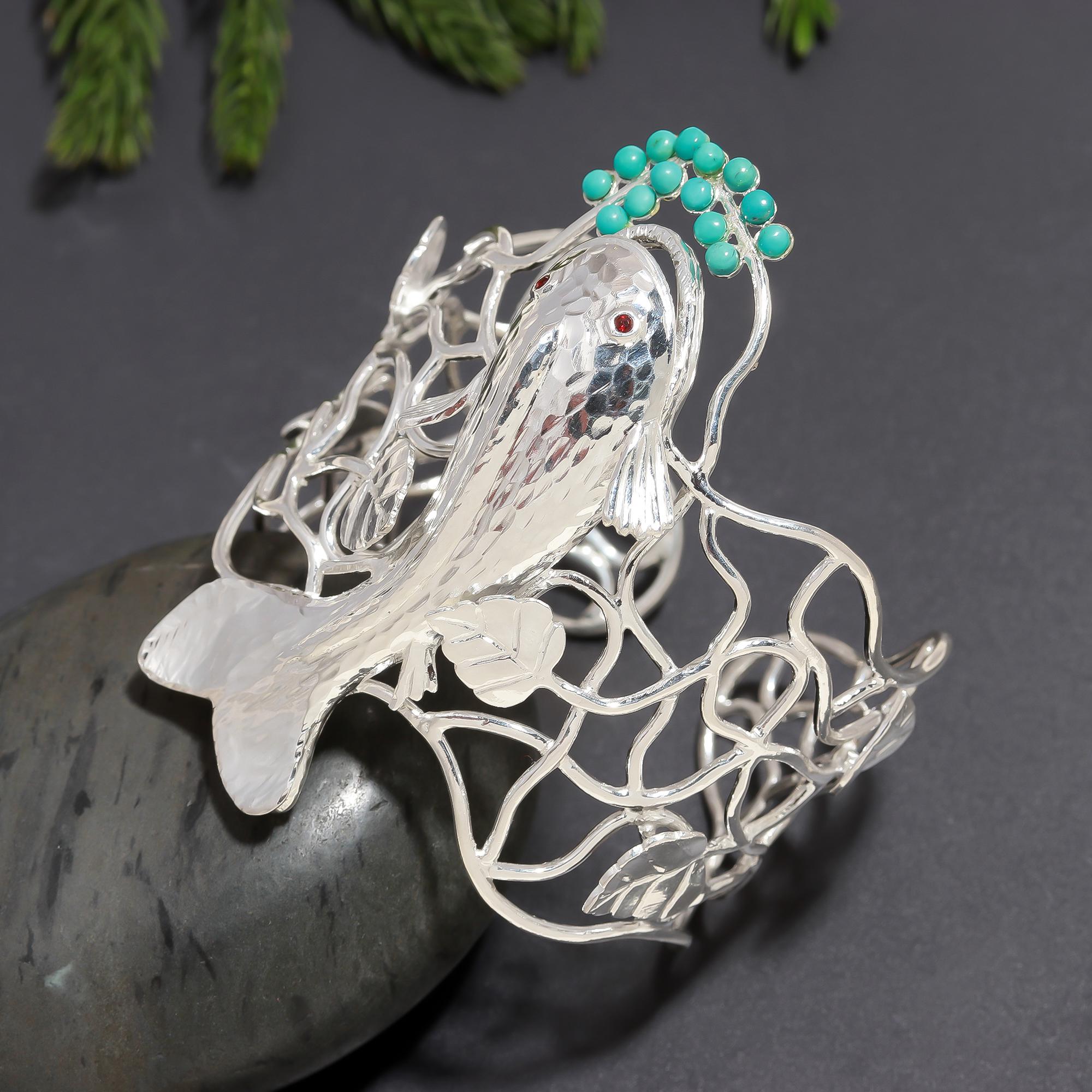 925 Silver Turquoise Koi Fish Openwork Cuff Bracelet