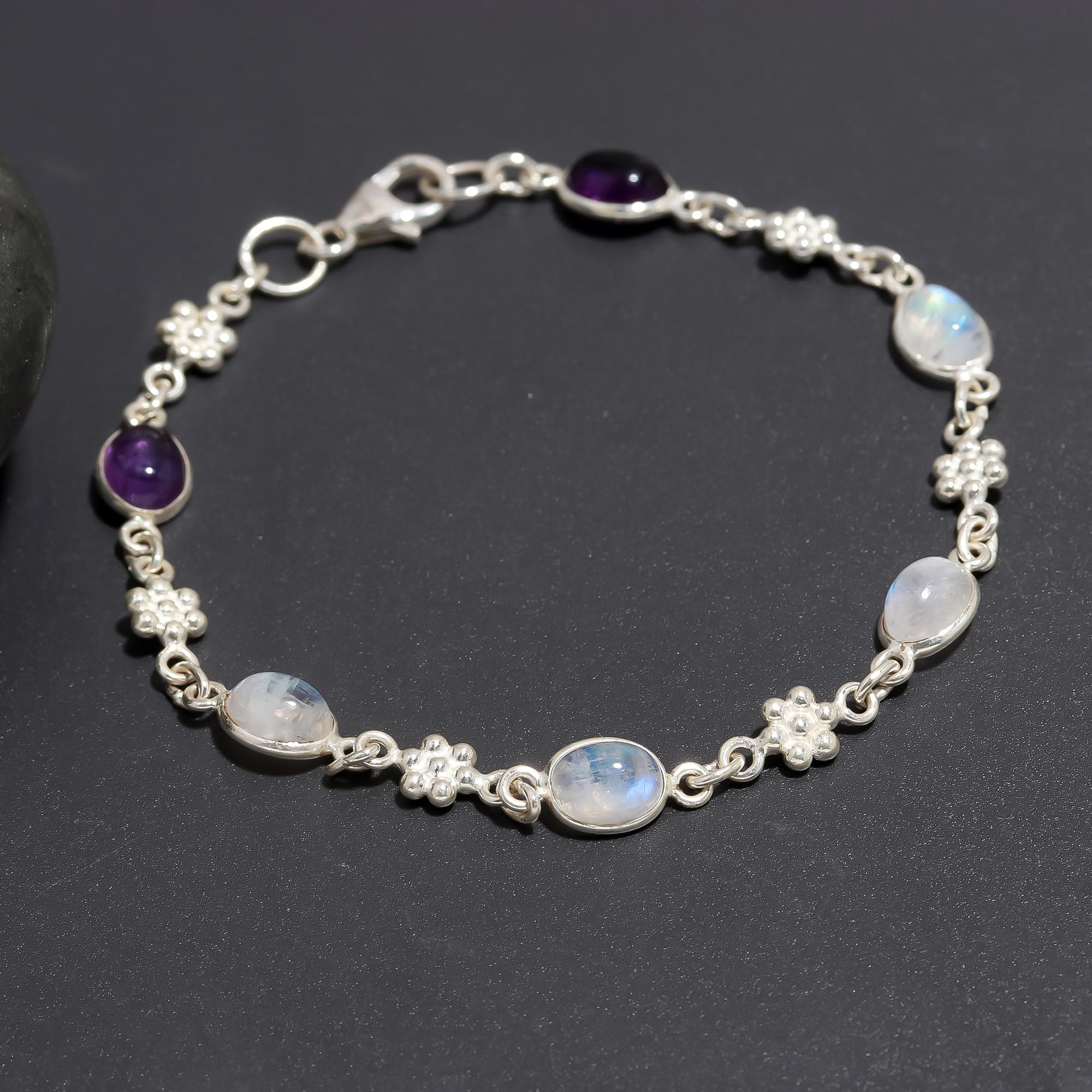 925 Silver Rainbow Moonstone Link Bracelet