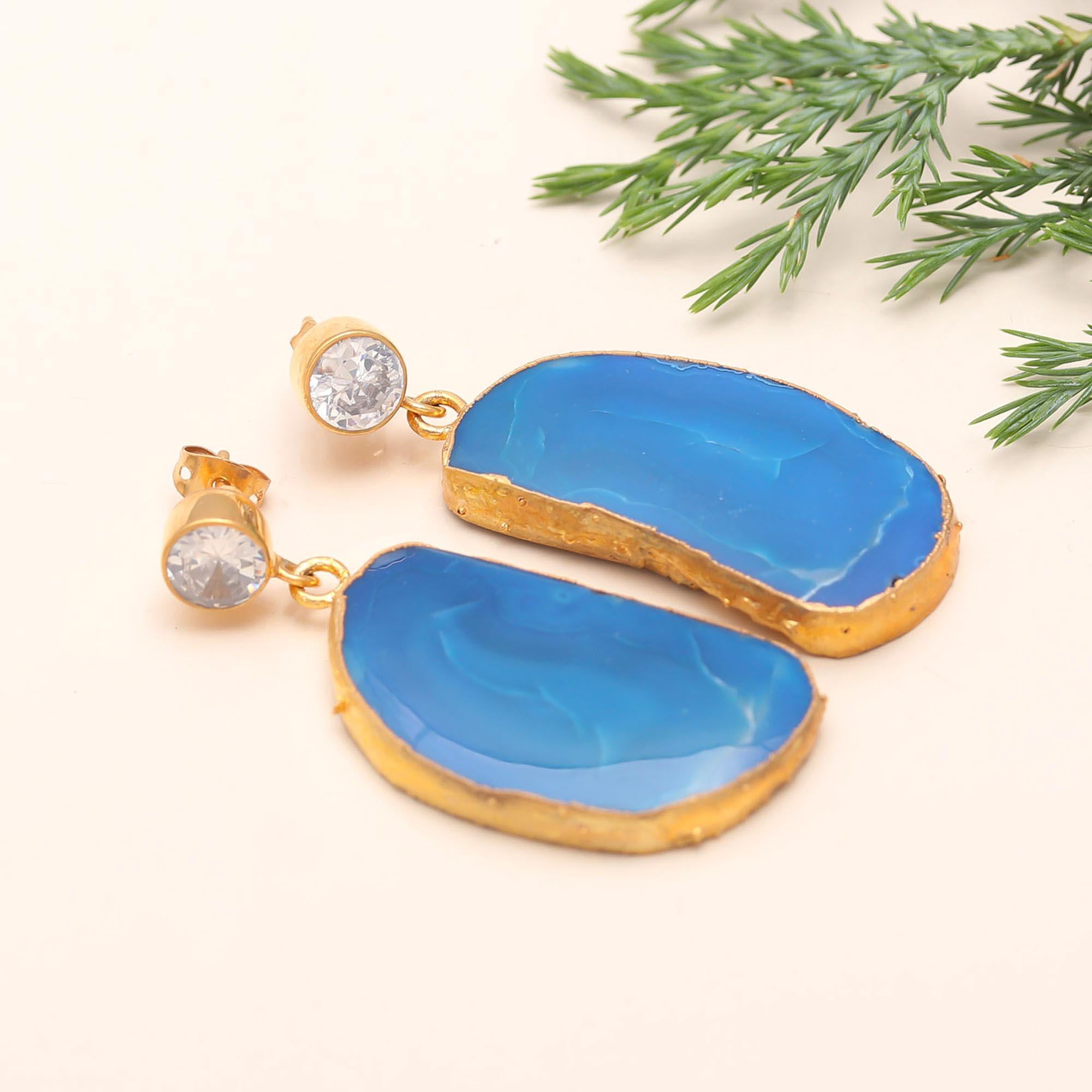 925 Silver Blue Agate Slice Drop Earrings