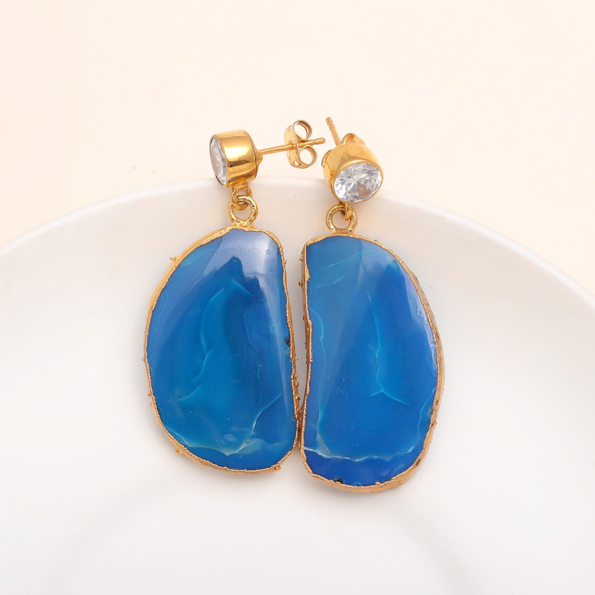 925 Silver Blue Agate Slice Drop Earrings