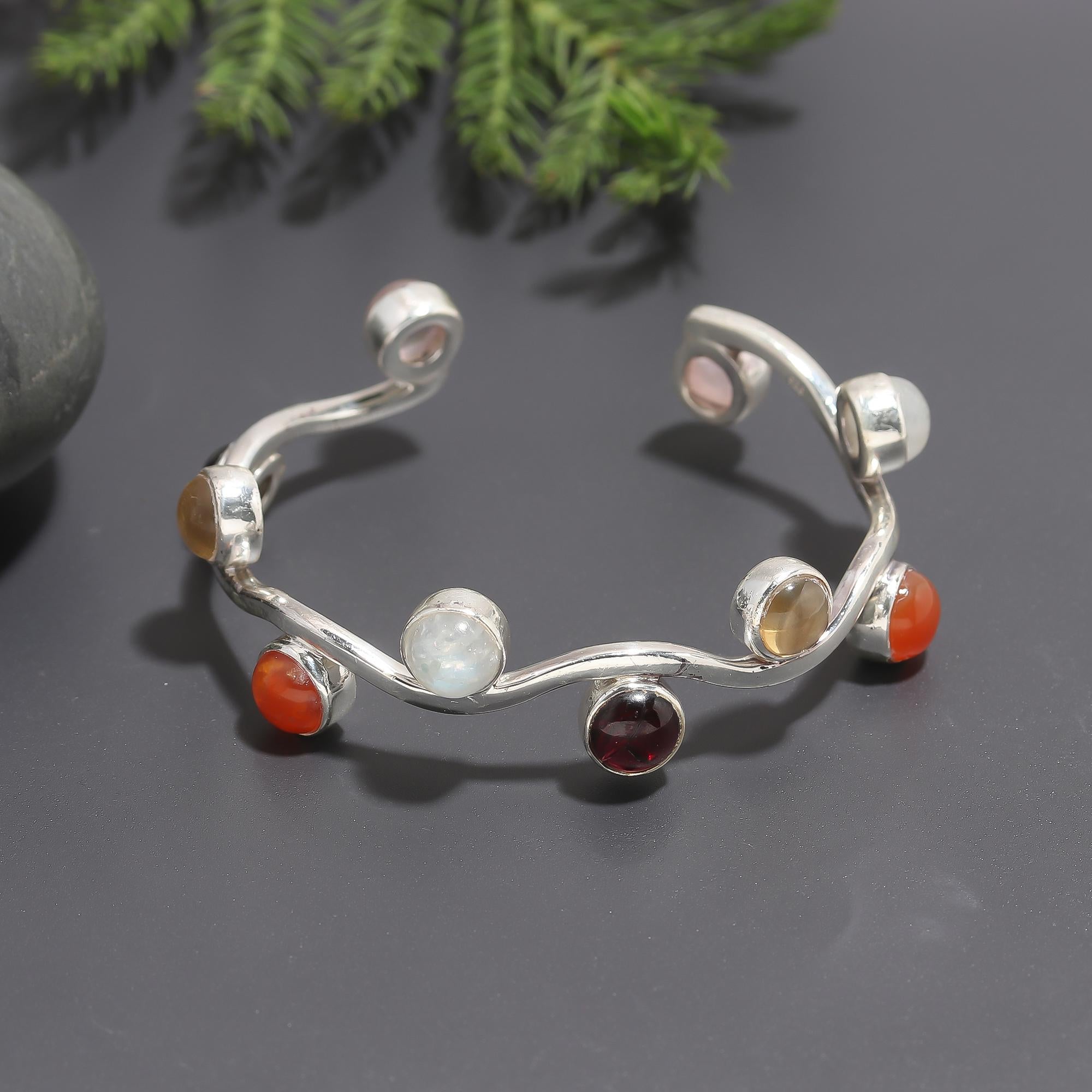 925 Silver Wavy Multi-Gemstone Open Cuff Bracelet
