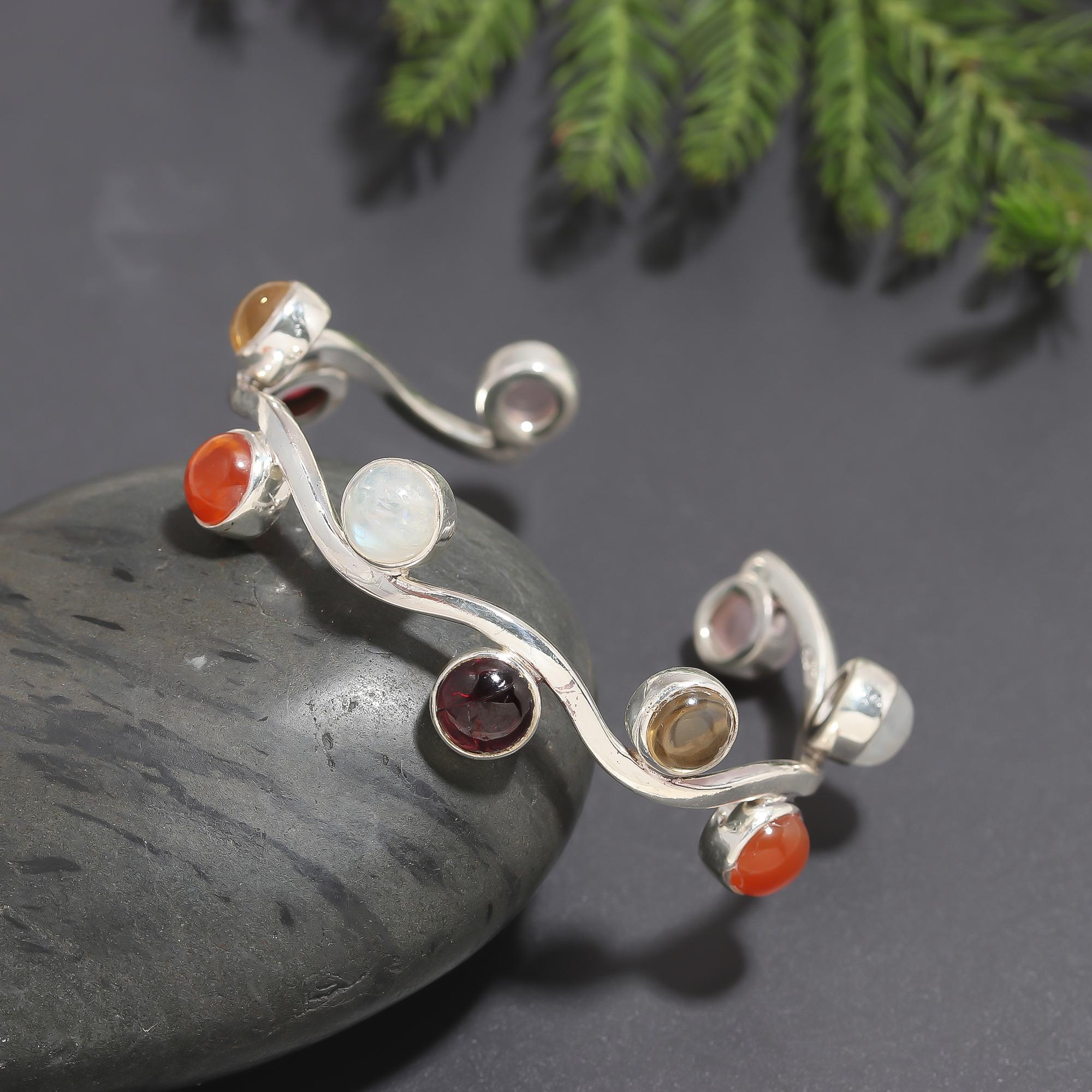 925 Silver Wavy Multi-Gemstone Open Cuff Bracelet