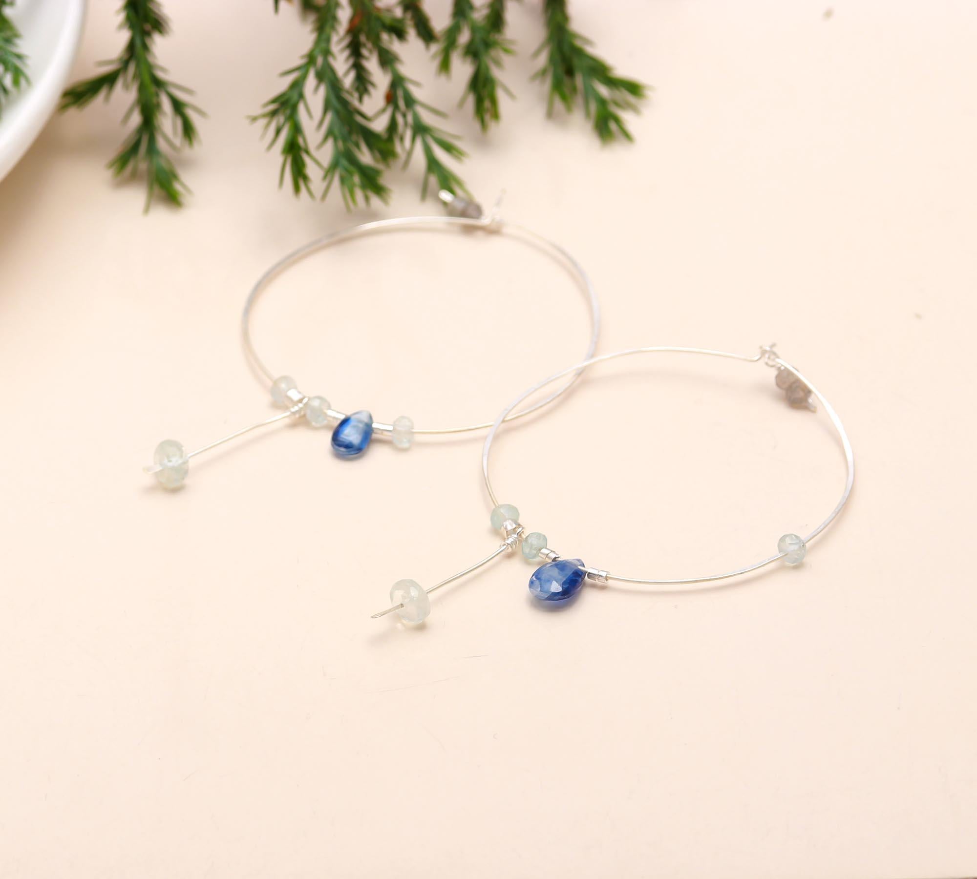 925 Sterling Silver Blue Kyanite & Aquamarine Beads Hoops Earring