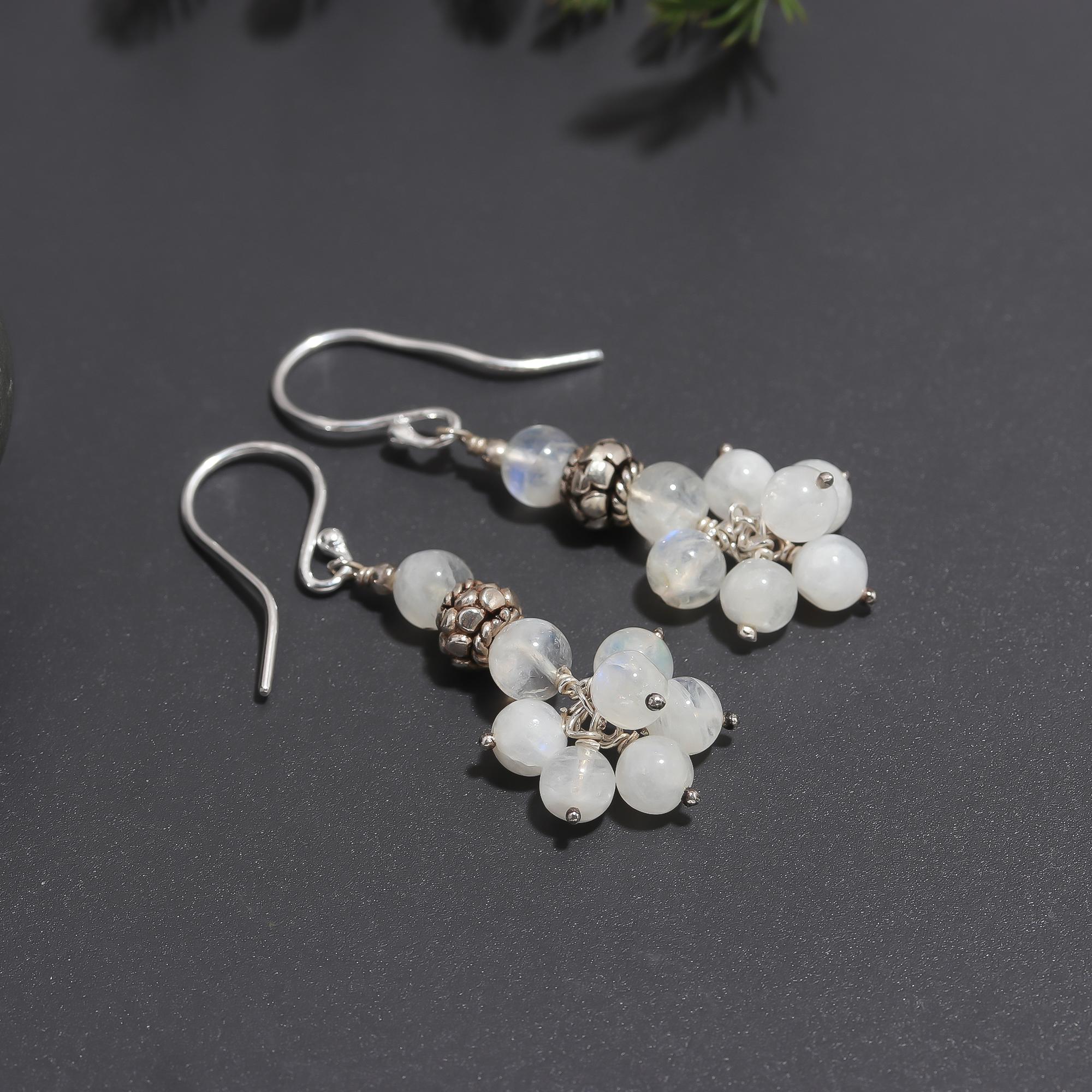 925 Silver Moonstone Cluster Dangle Earrings