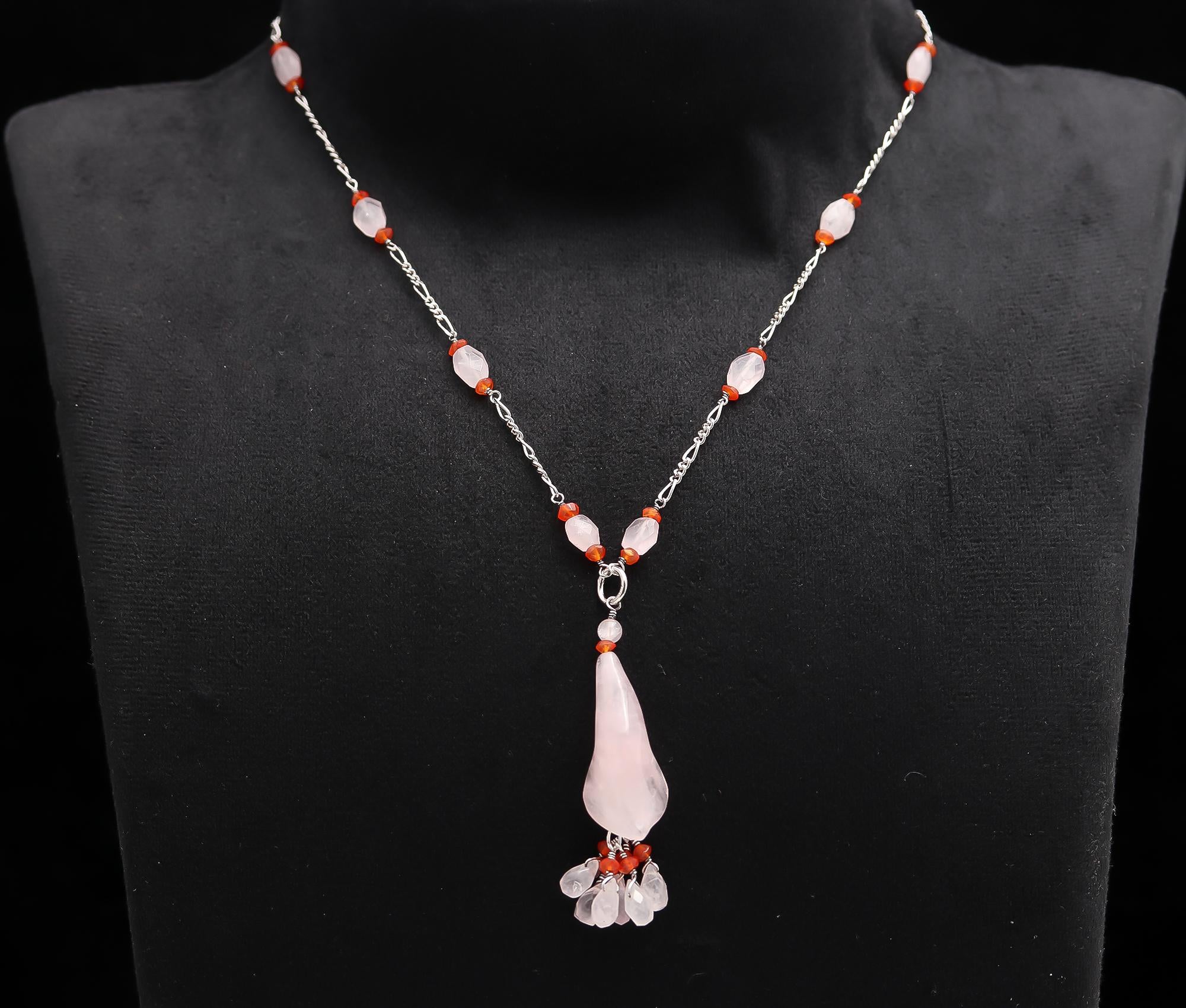 925 Silver Rose Quartz and Carnelian Pendant Necklace