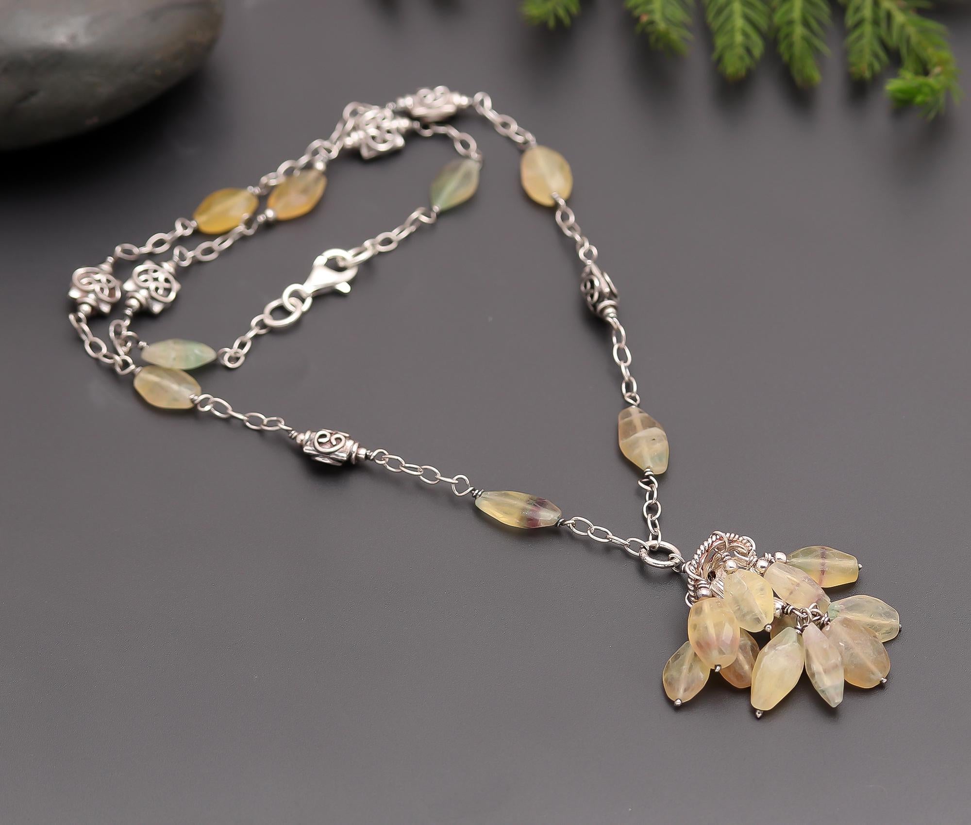 925 Silver Yellow Opal Beads Drop Pendant Necklace