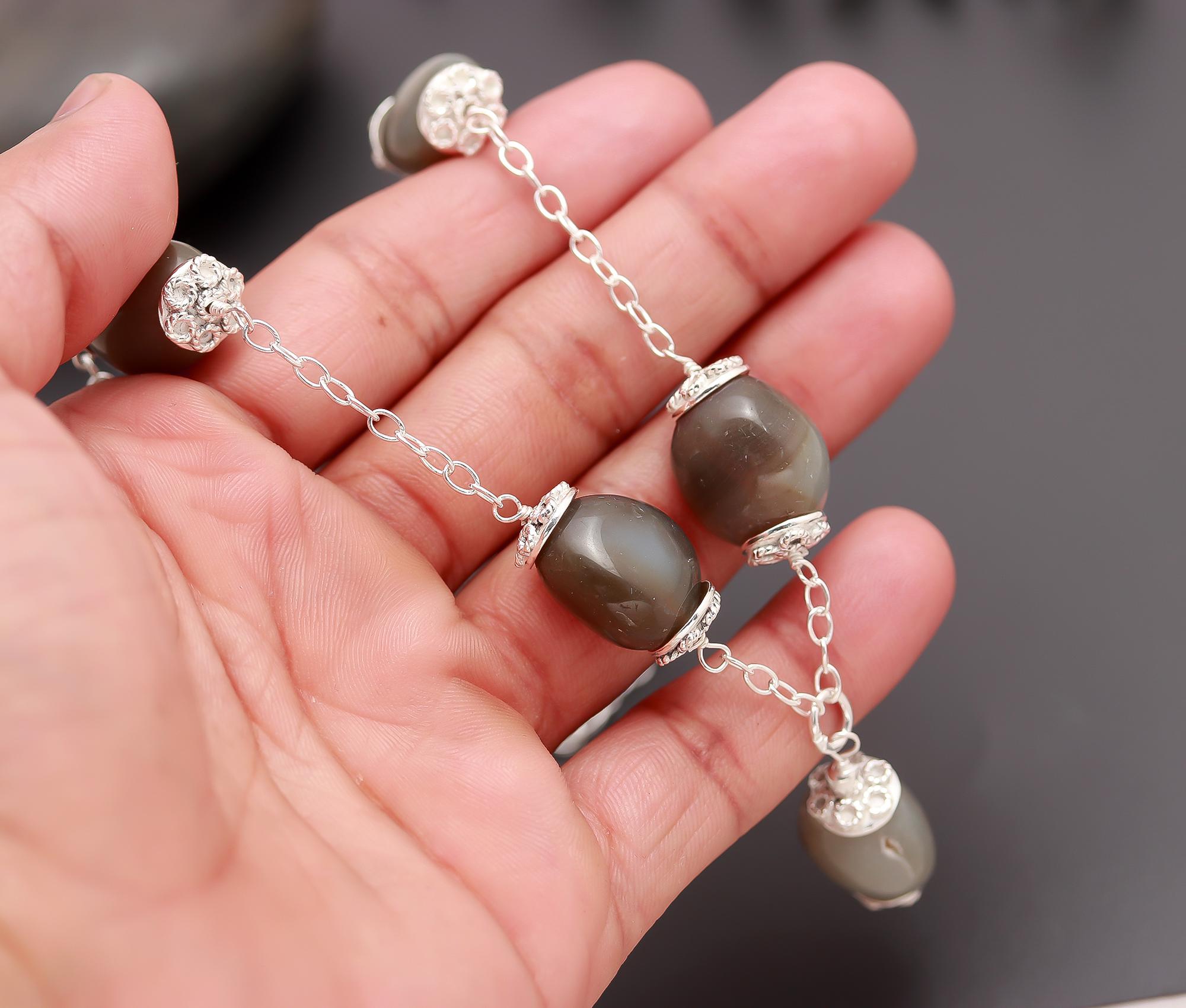 925 Silver Grey Agate Beads Necklace