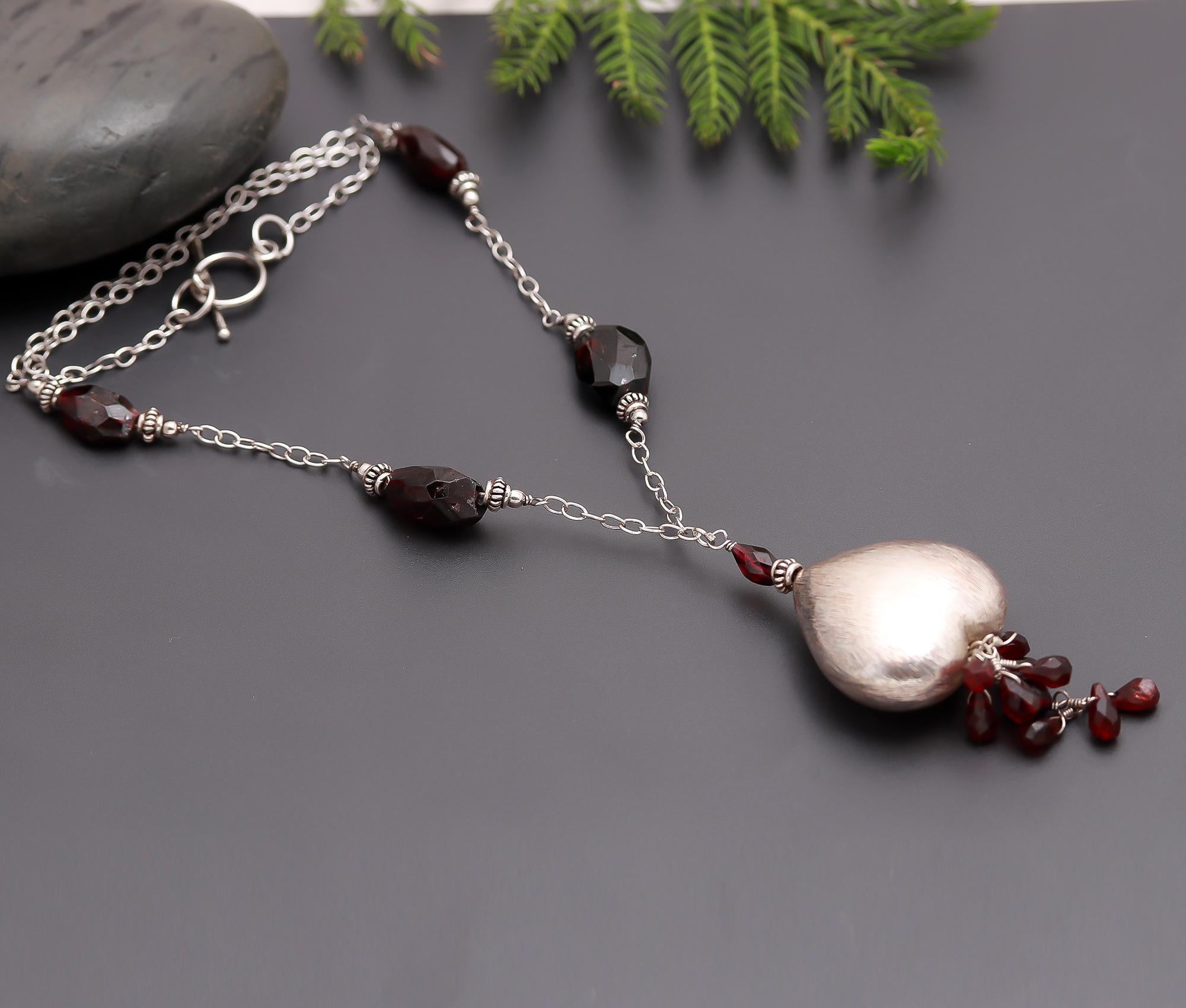 925 Silver Garnet Beads Heart Pendant Necklace