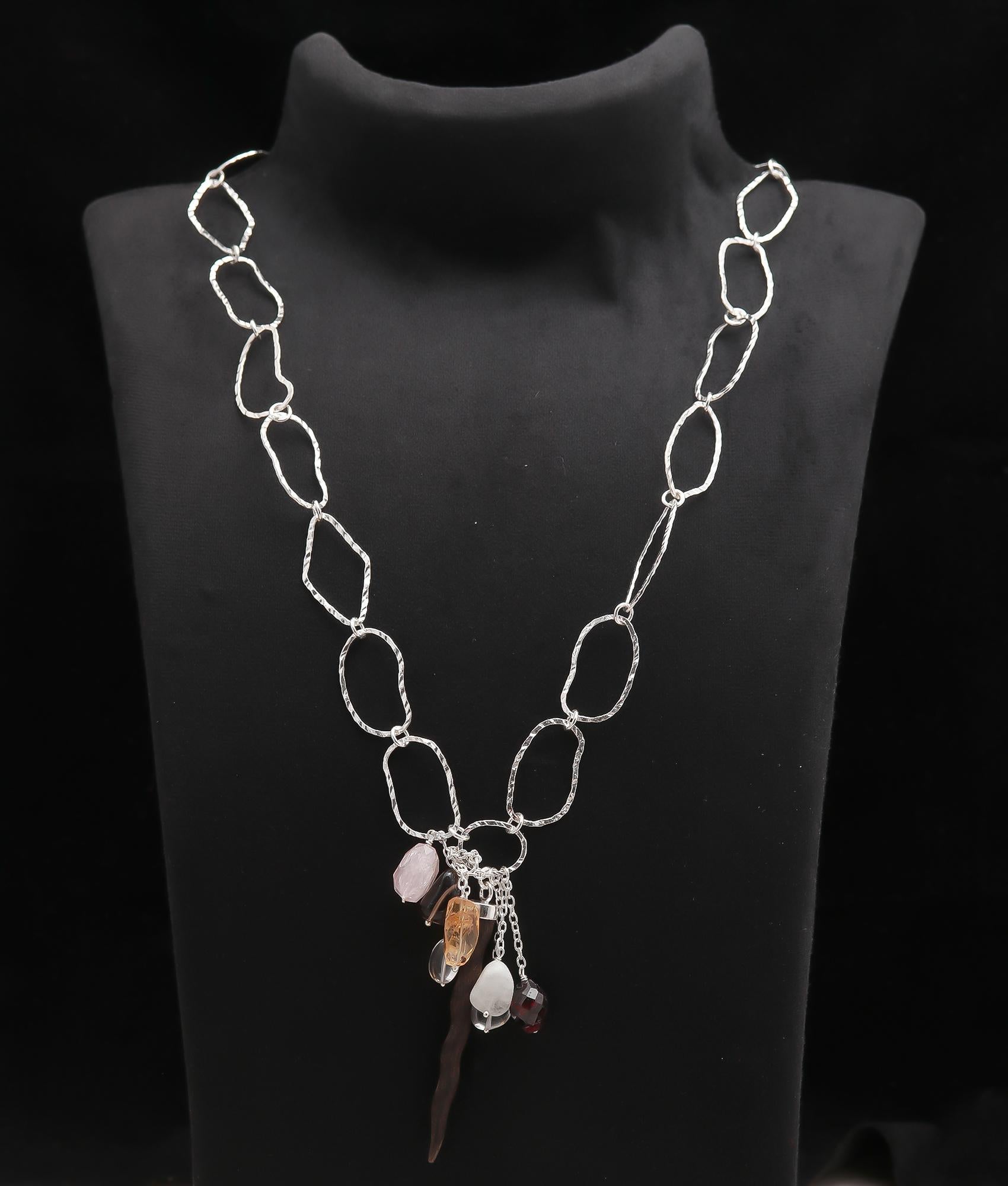 925 Silver Mixed Gemstones Horn Tusk Pendant Necklace