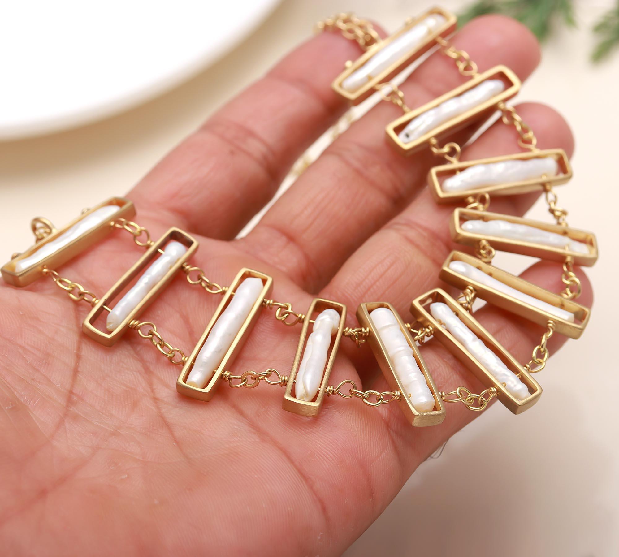 925 Silver Baroque Pearl Bar Link Necklace