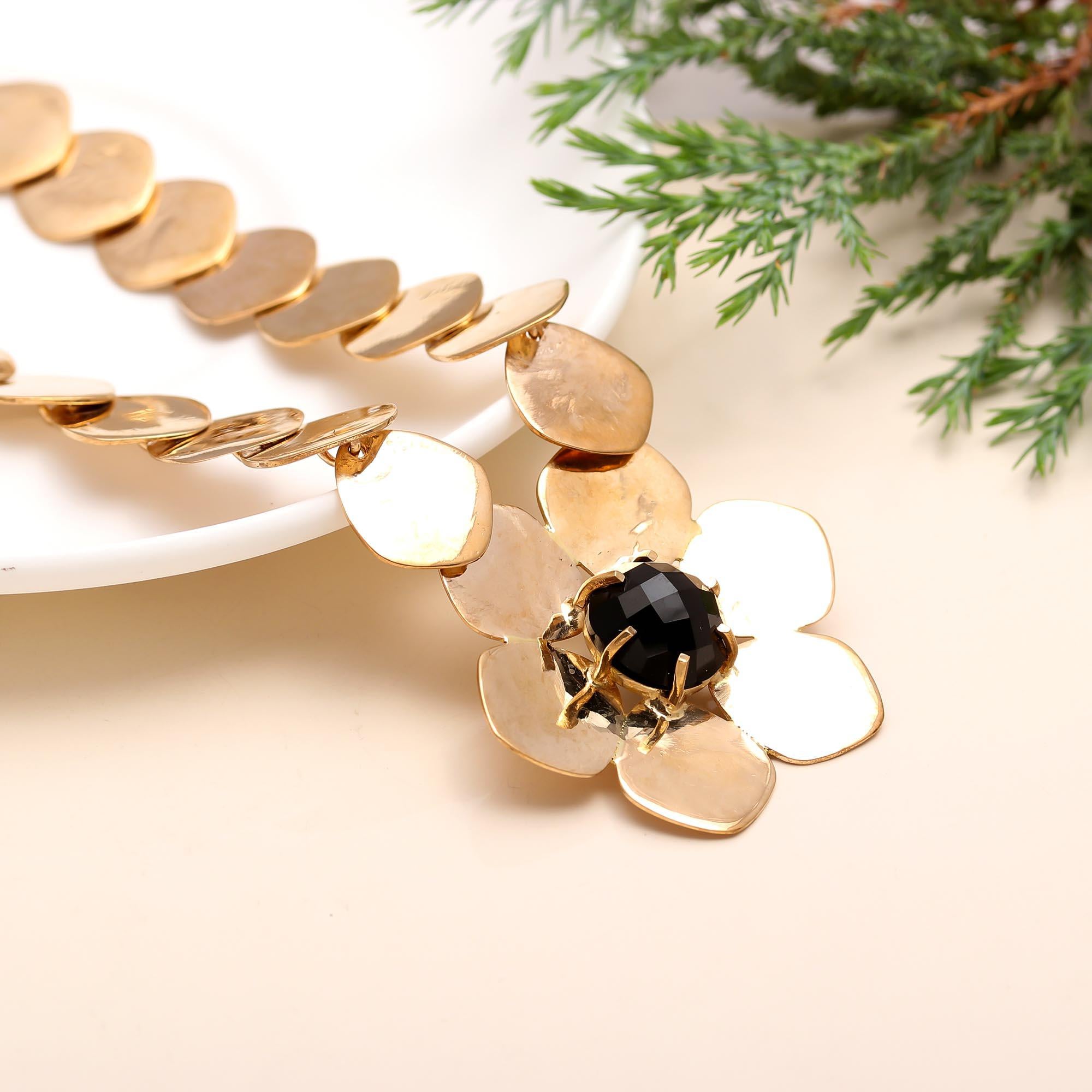 925 Silver Black Onyx Floral Necklace