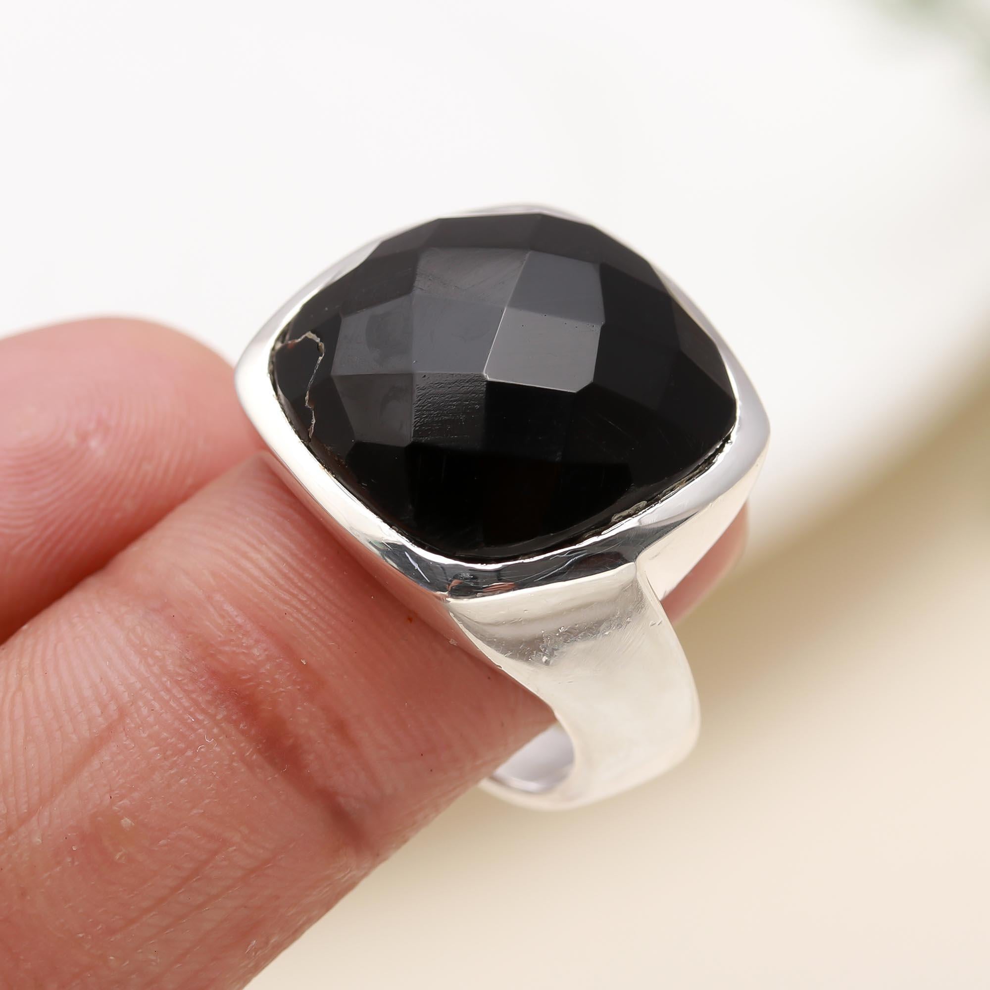 925 Silver Faceted Black Onyx Ring