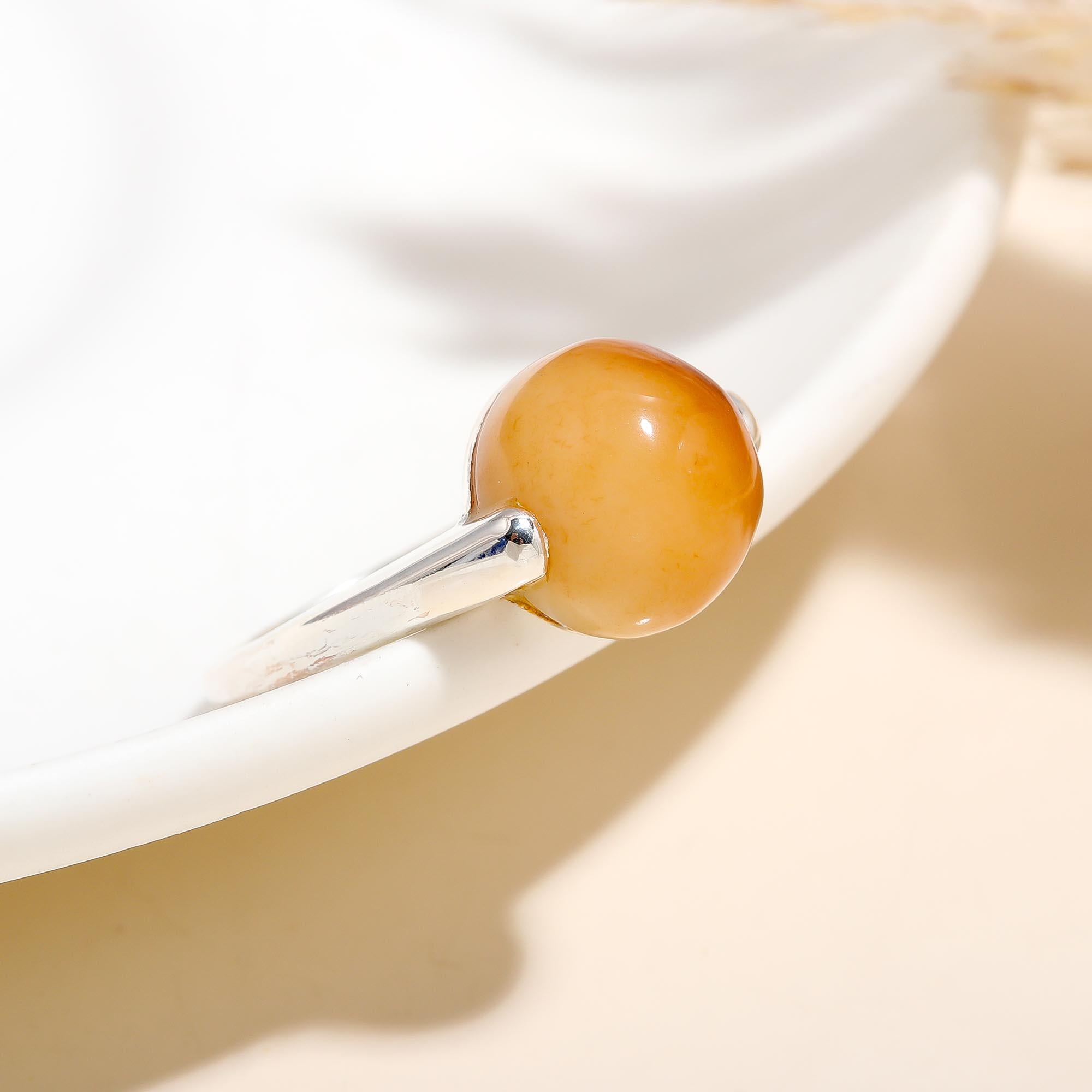 925 Silver Amber Cabochon Ring