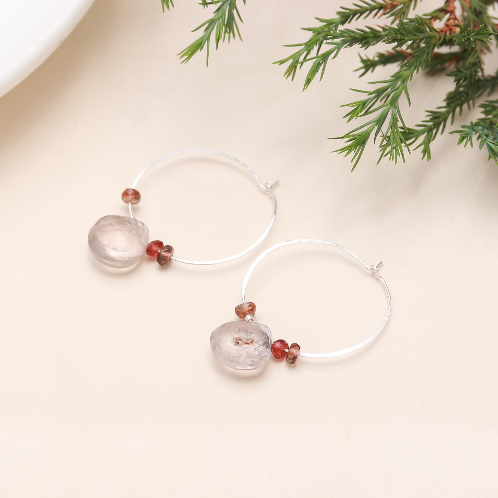 925 Silver Rose Quartz & Garnet Hoop Earrings
