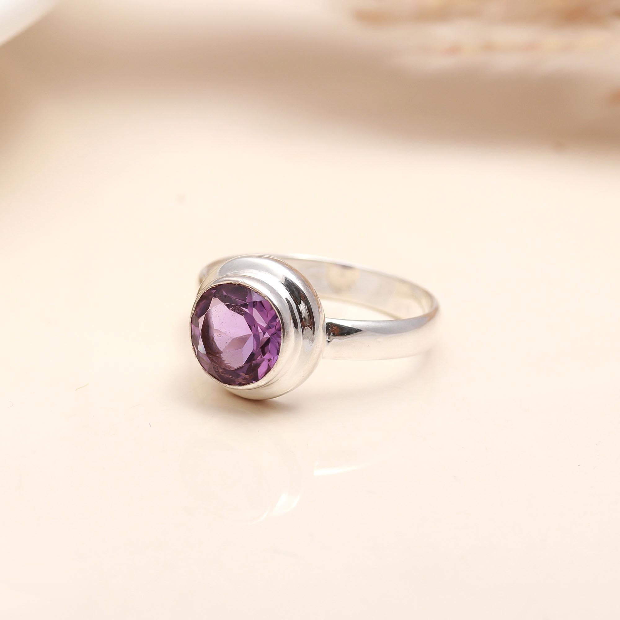 925 Silver Round Amethyst Ring