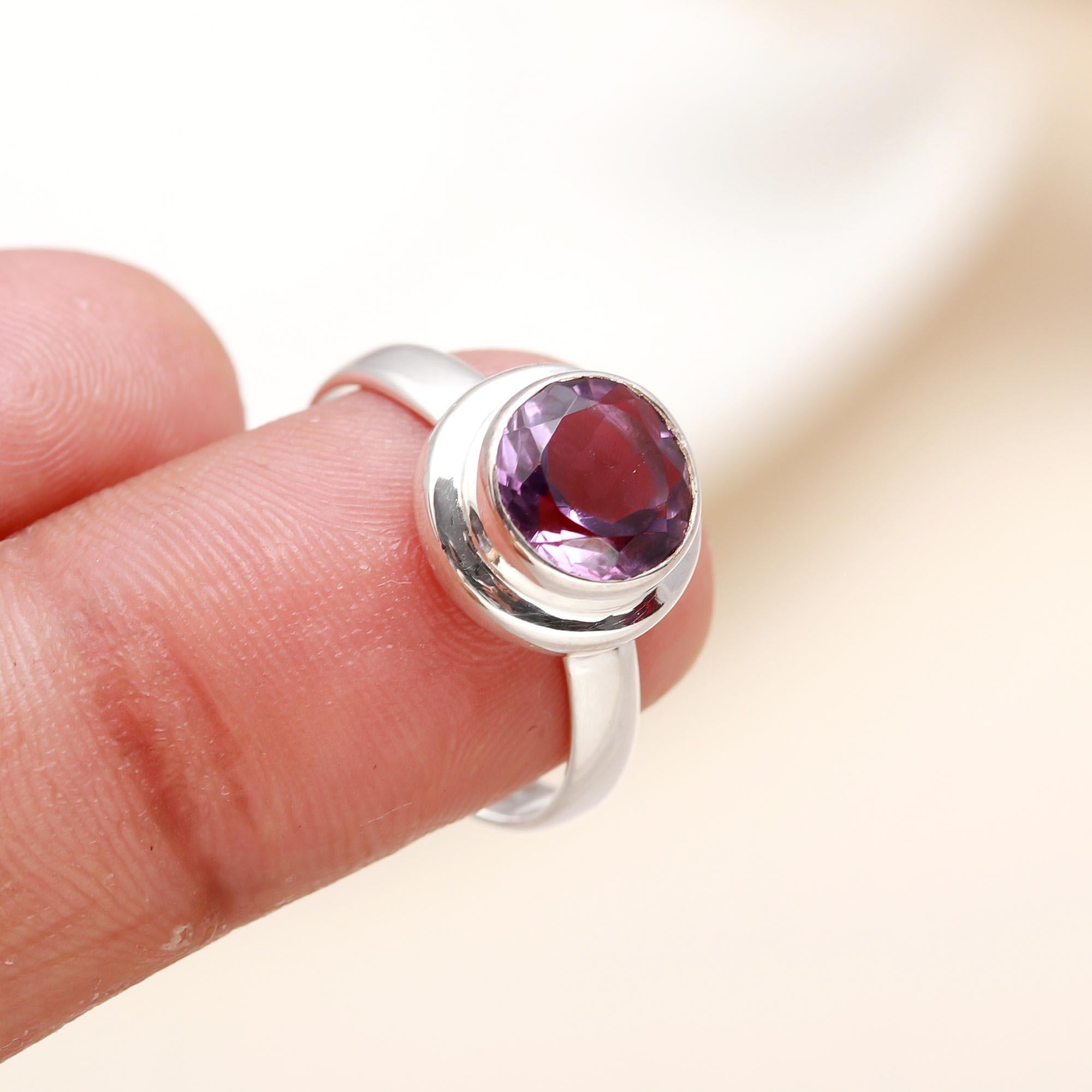 925 Silver Round Amethyst Ring