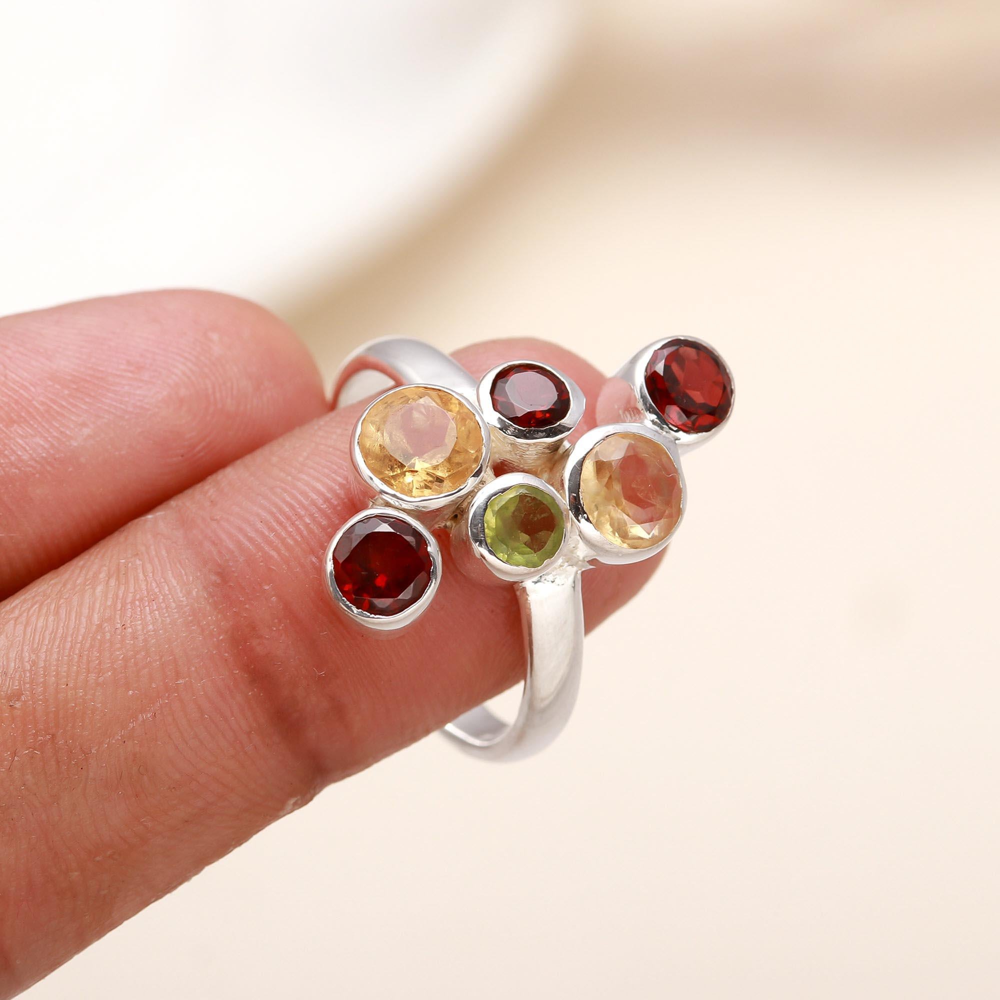 925 Silver Multi Gemstone Cluster Ring