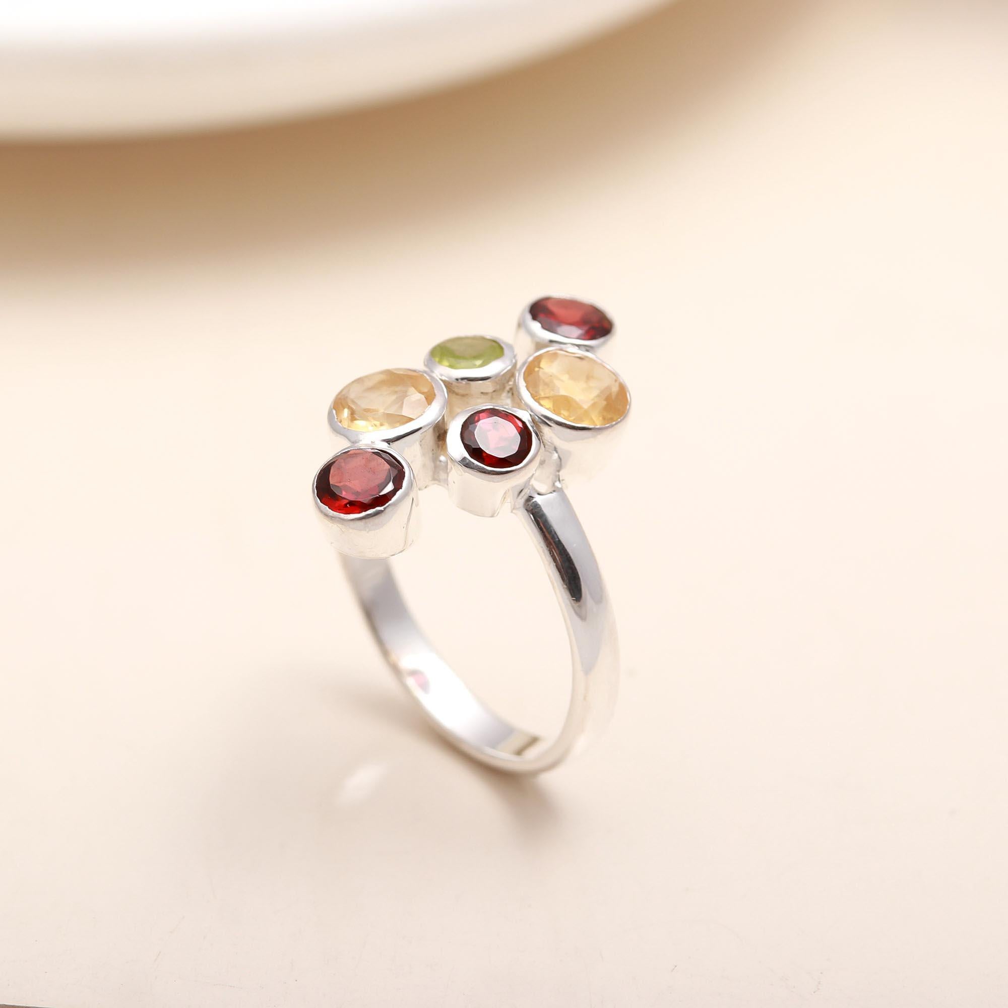 925 Silver Multi Gemstone Cluster Ring