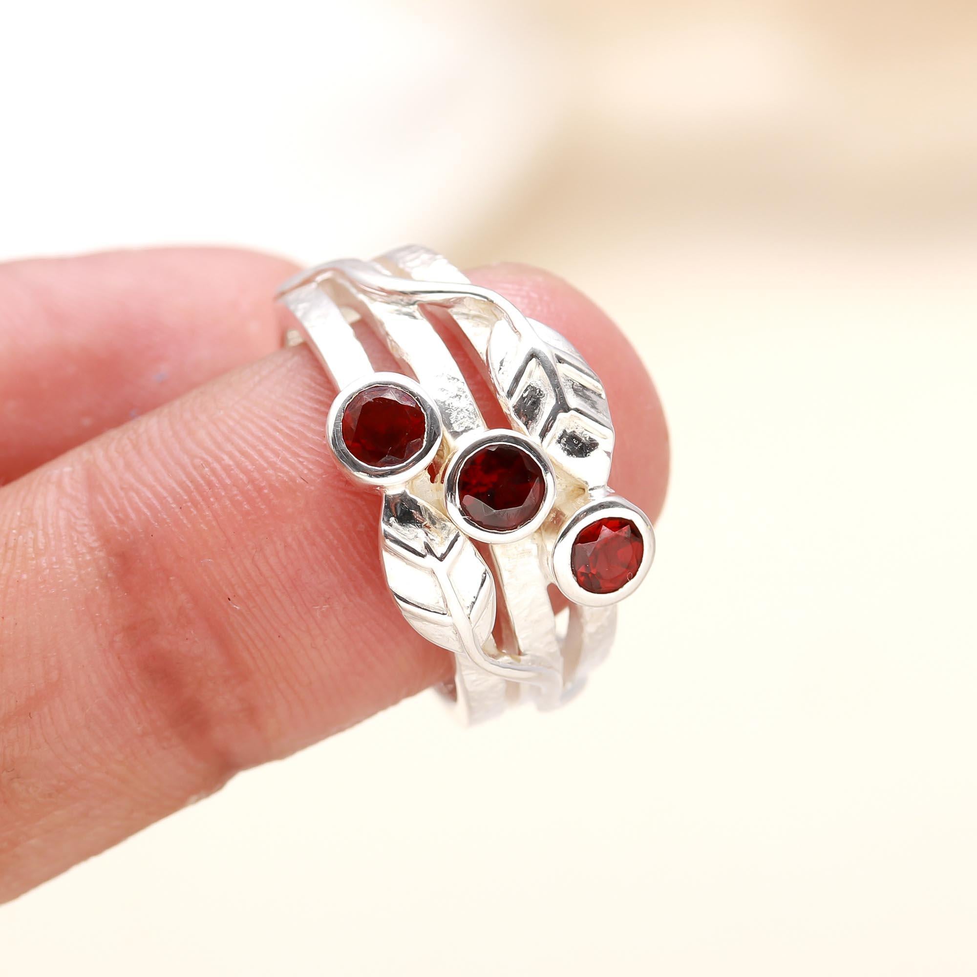 925 Silver Triple Garnet Ring