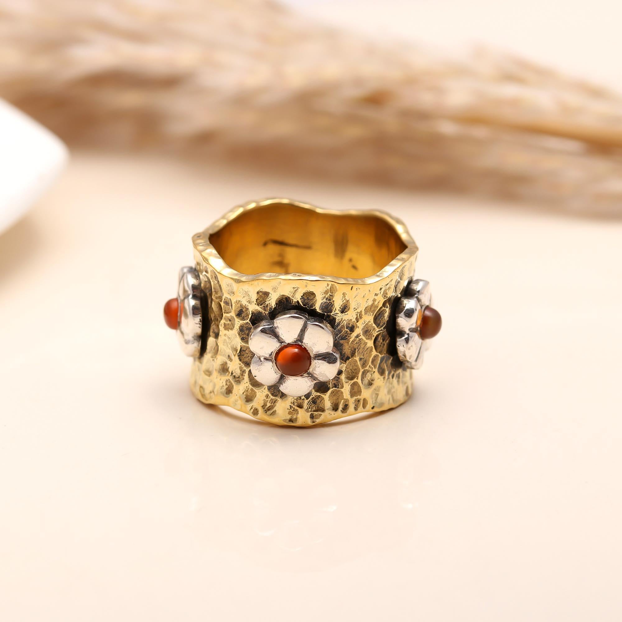 Delicate floral sterling silver ring with carnelian gemstones