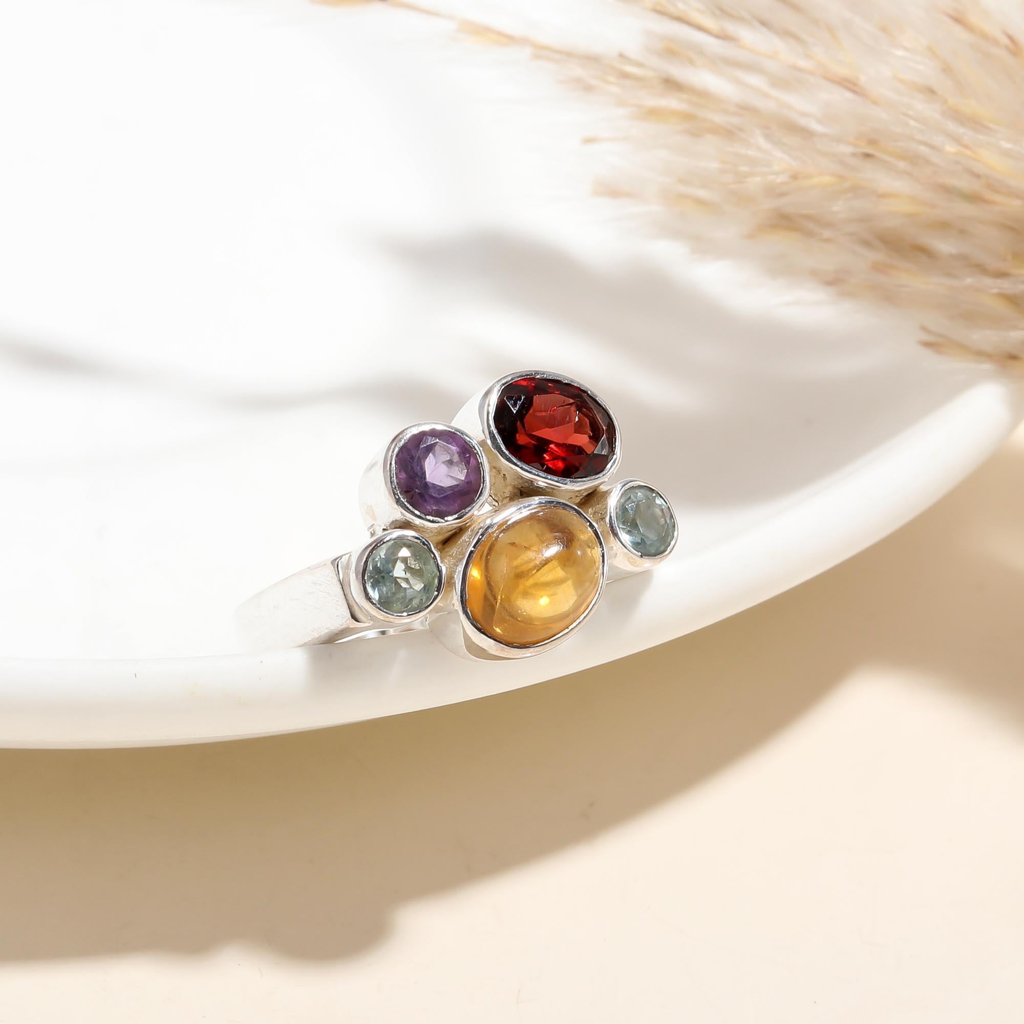 925 Silver Multi Gemstone Cocktail Ring with garnet, amethyst, blue topaz, and citrine