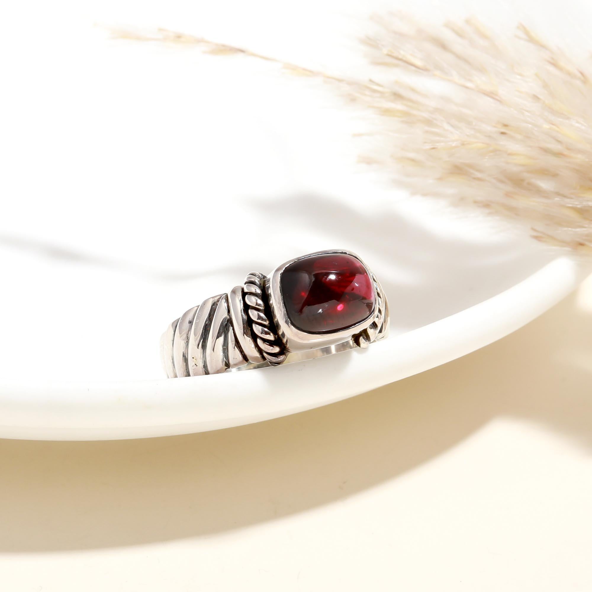 925 Silver Red Garnet Rope Band Ring front view