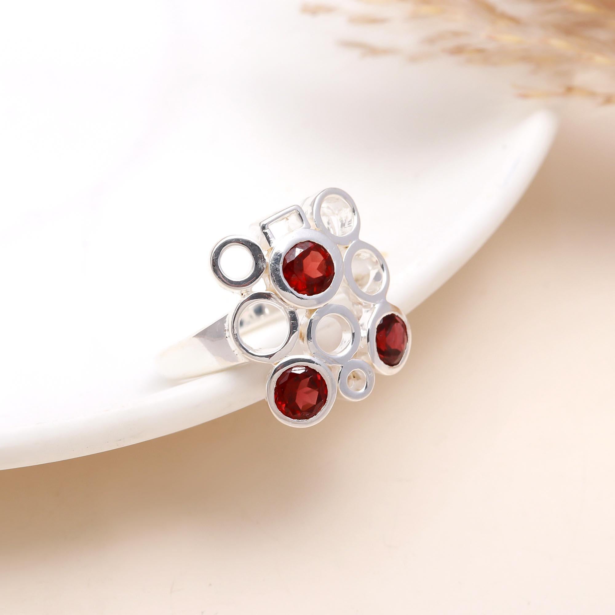 925 Silver Geometric Garnet Circle Cluster Ring front view
