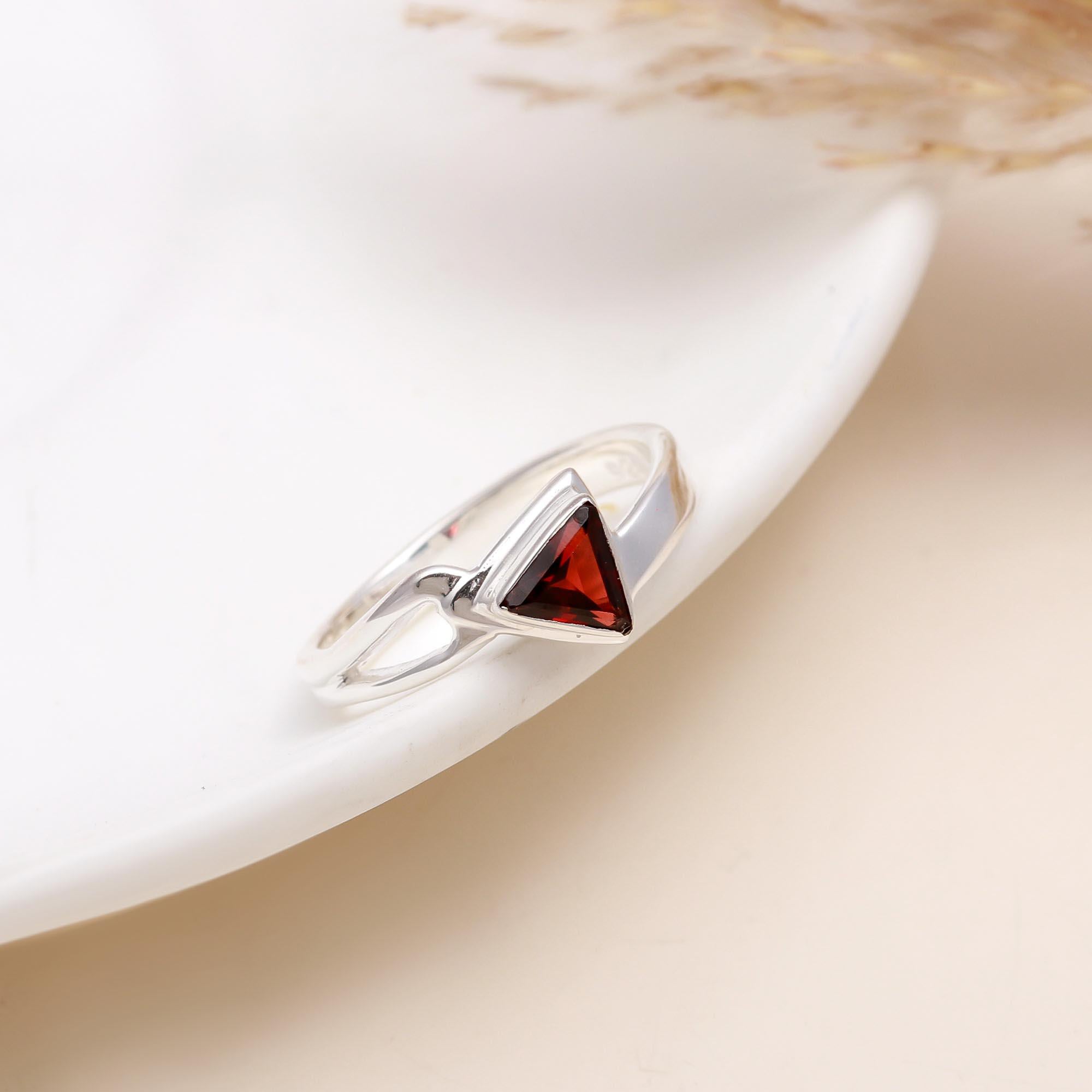 925 Silver Trillion Cut Garnet Open Band Ring front view
