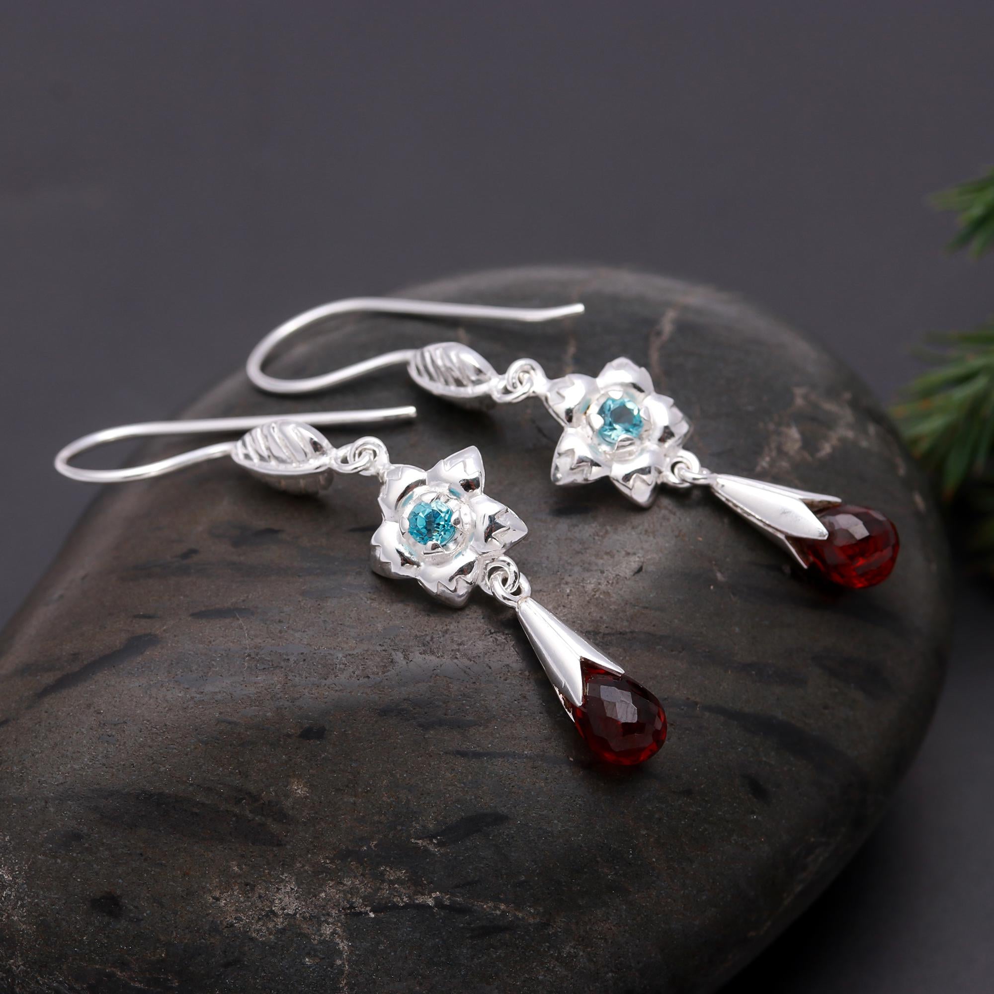 925 Silver Blue Topaz & Garnet Floral Dangle Earrings