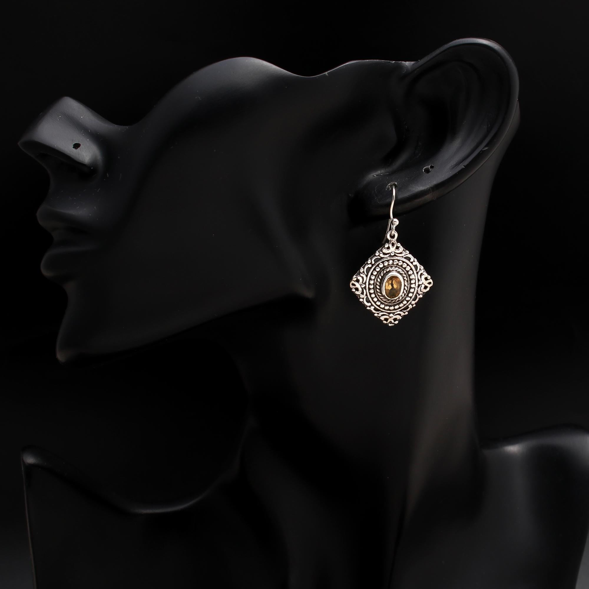 925 Silver Citrine Filigree Dangle Earrings