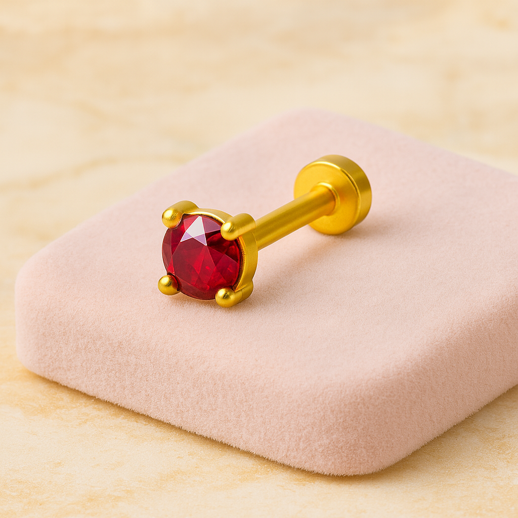 925 Sterling Silver Gold Plated Ruby Gemstone Nose Pin