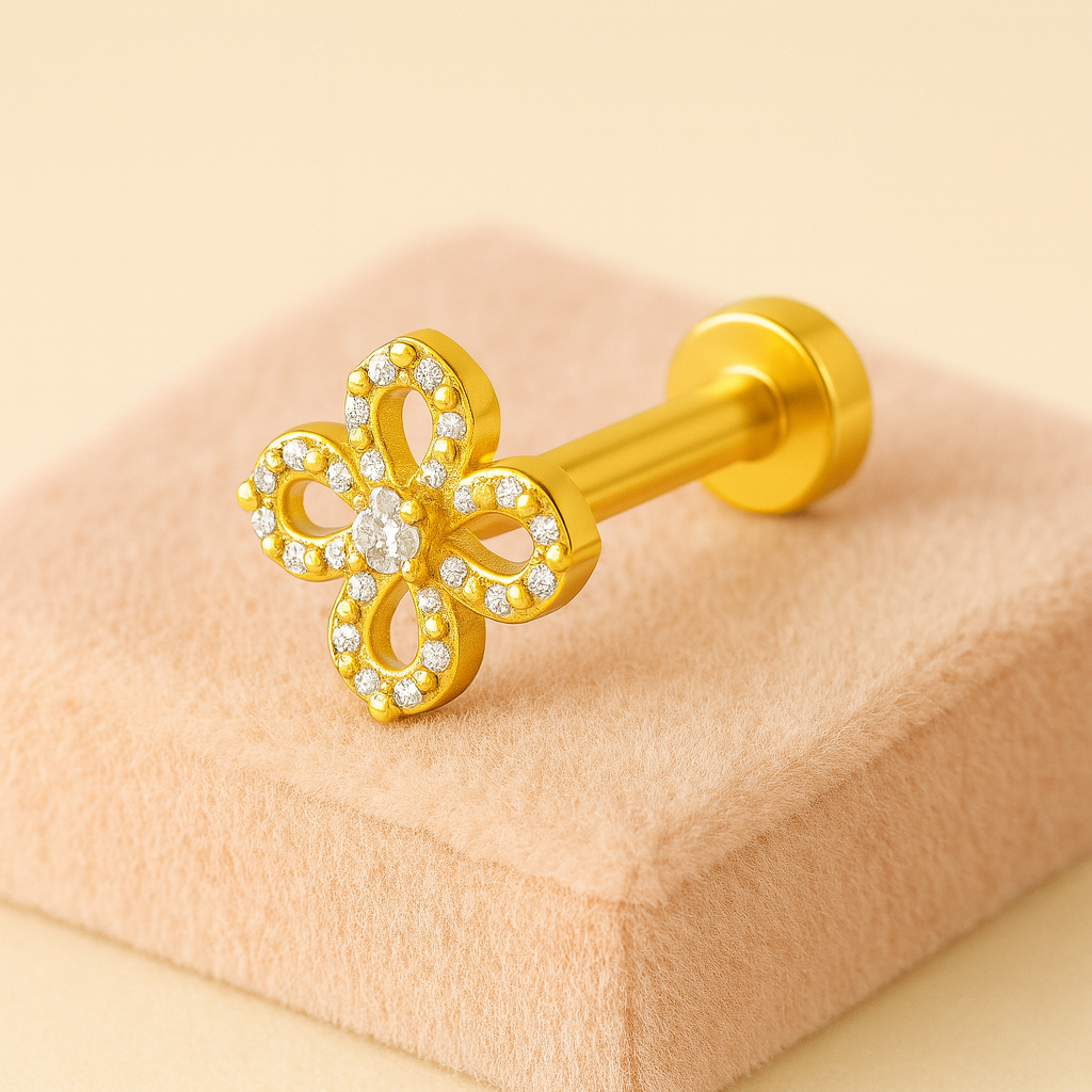 925 Sterling Silver Gold Plated CZ Floral Nose Pin