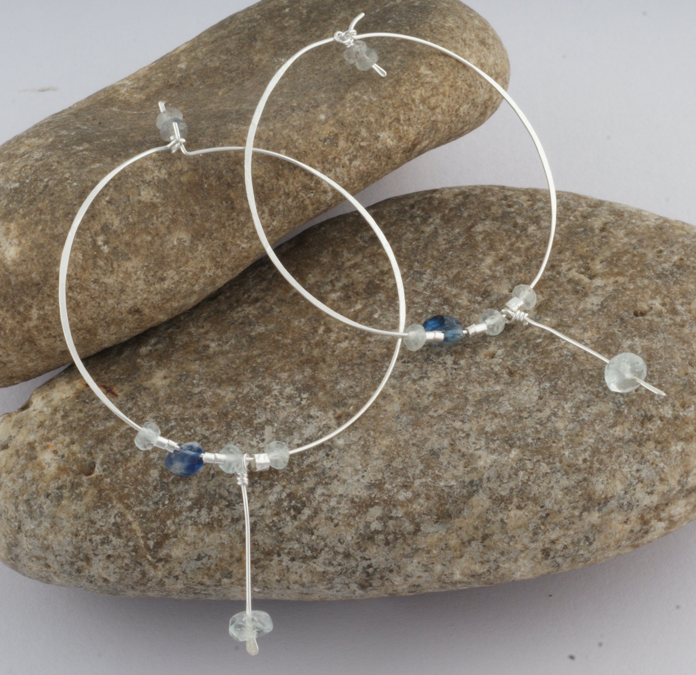 Aquamarine & Kyanite Bead Hoop Earrings