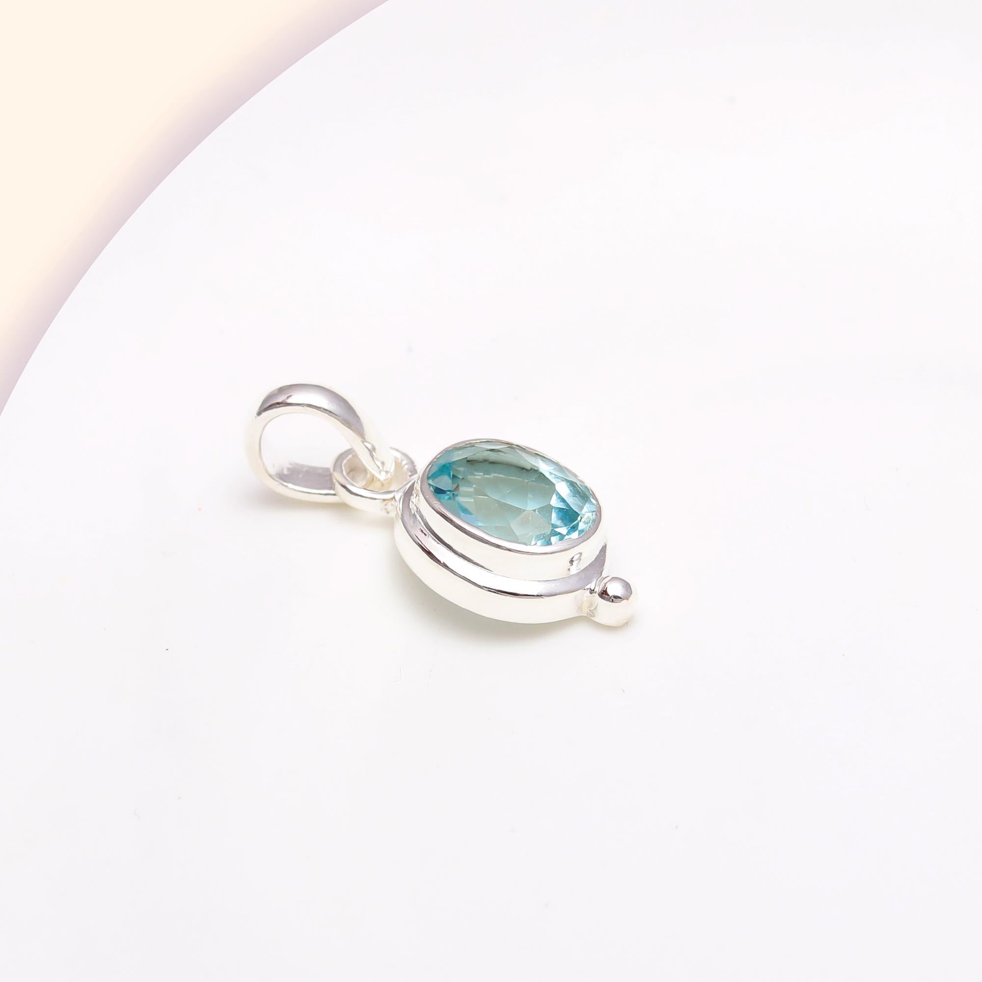 Blue Topaz Oval Shaped Sterling Silver Gemstone Pendant