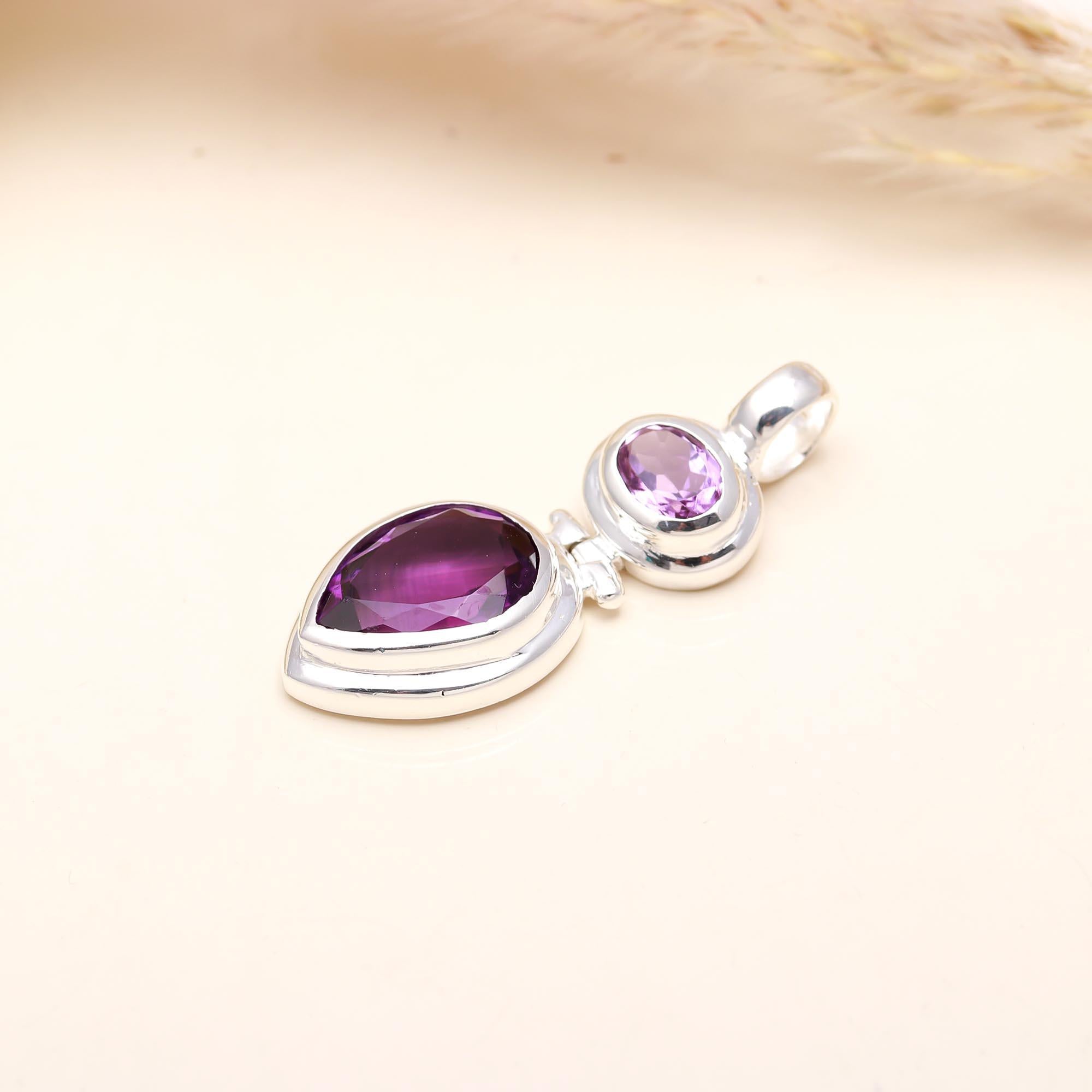 Amethyst Pendant Sterling Silver Double Stone Pendant