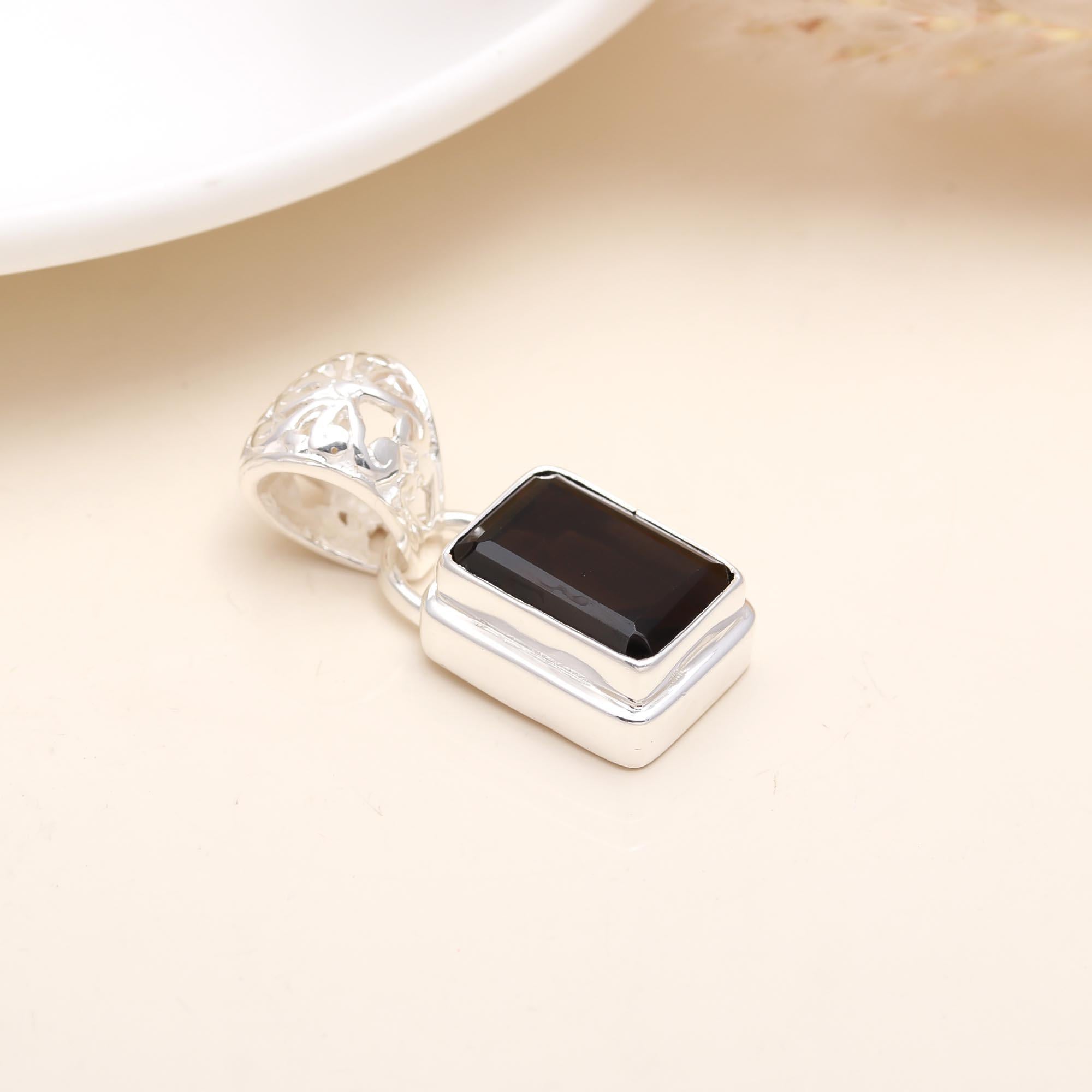 Emerald Cut Smokey Quartz Silver Pendant
