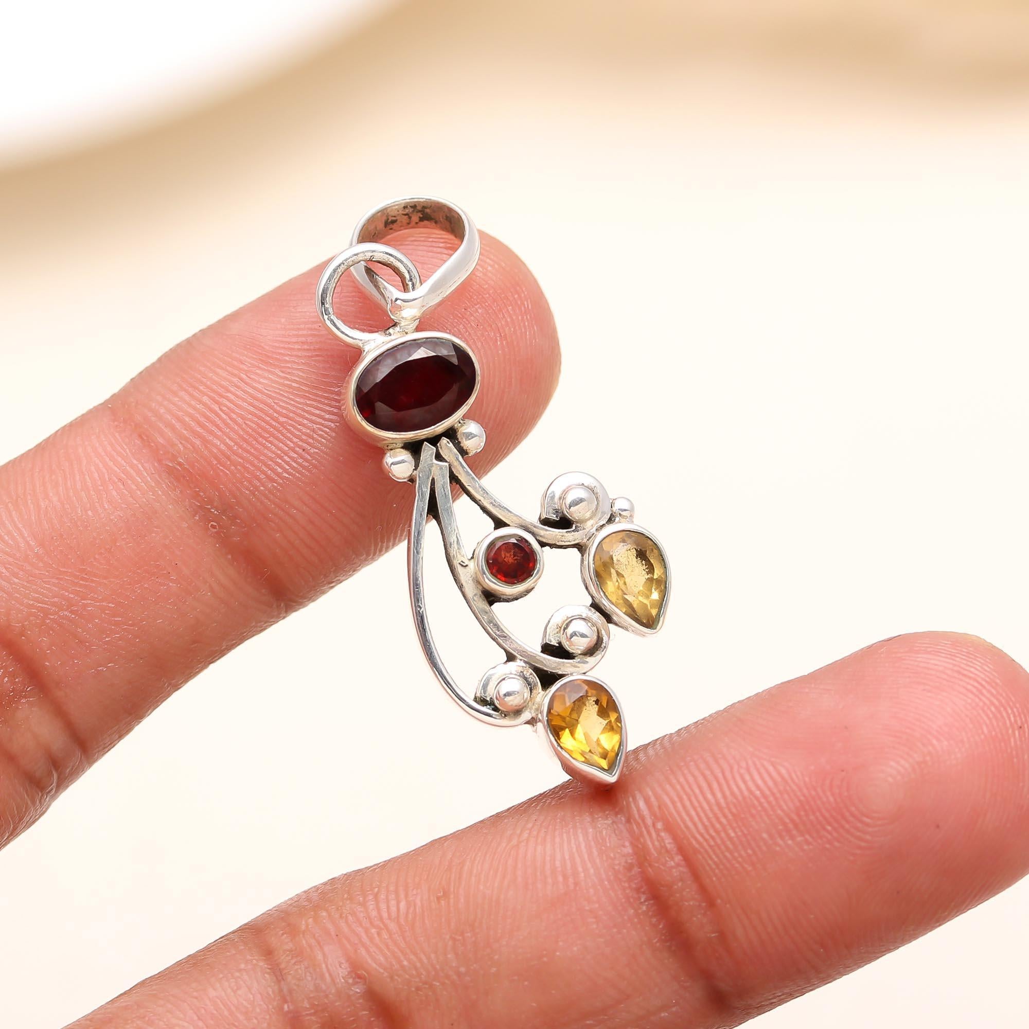 Citrine Garnet Gemstone Sterling Silver Pendant