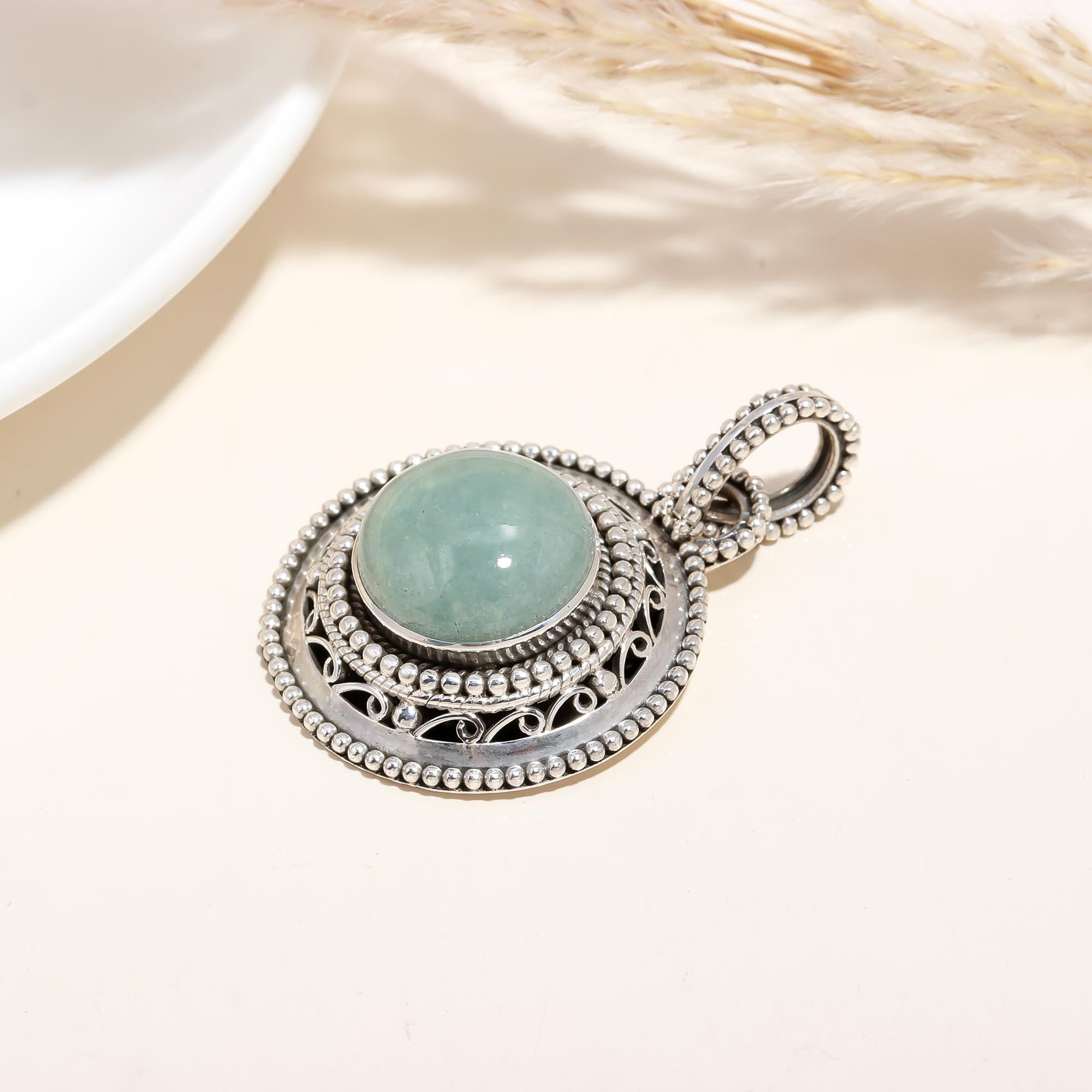 Aquamarine Silver necklace circle filigree pendant