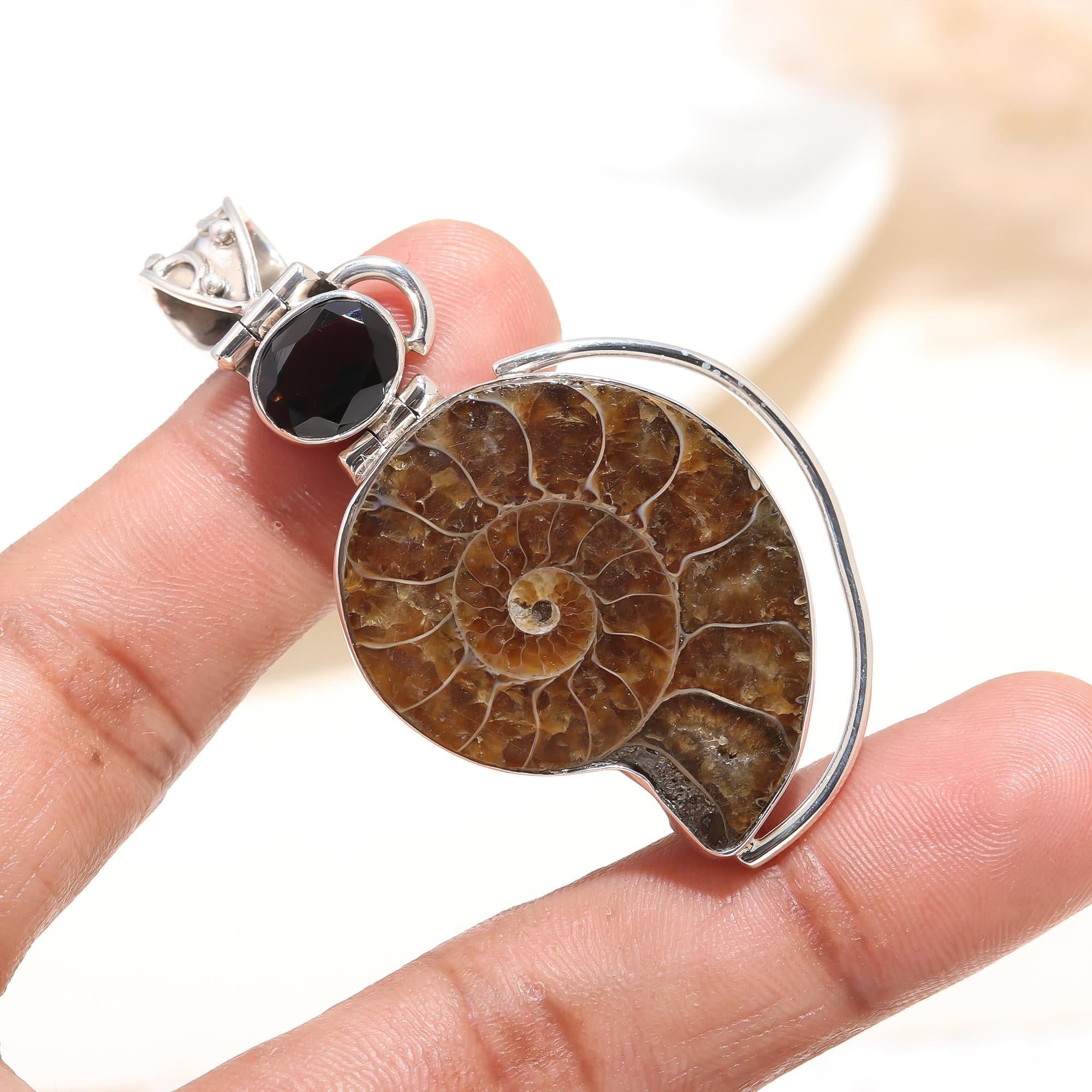 Natural Ammonite Fossil Snail Gemstone Silver Plated Pendant